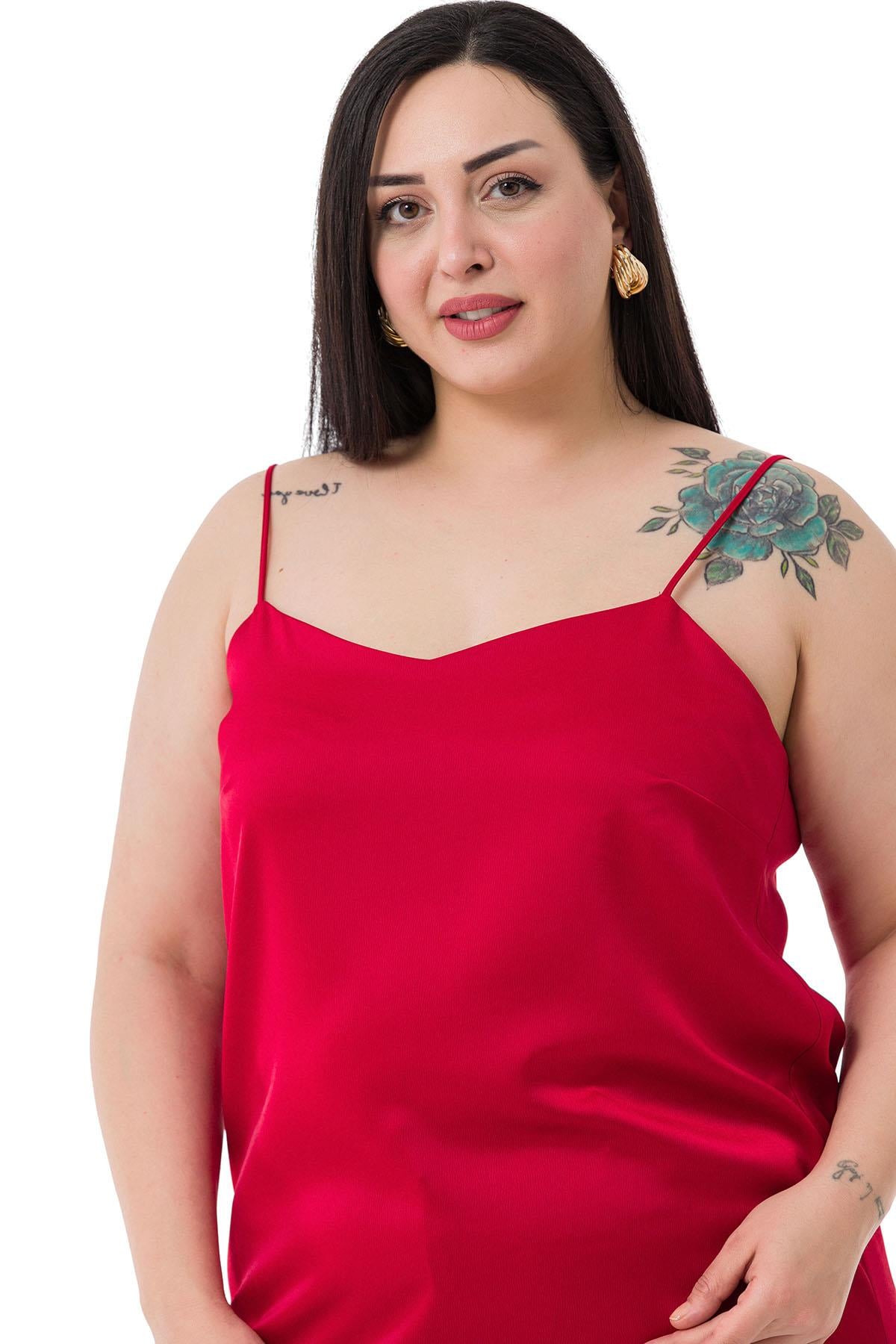 Plus Size Adjustable Thin Straps Satin Red Blouse