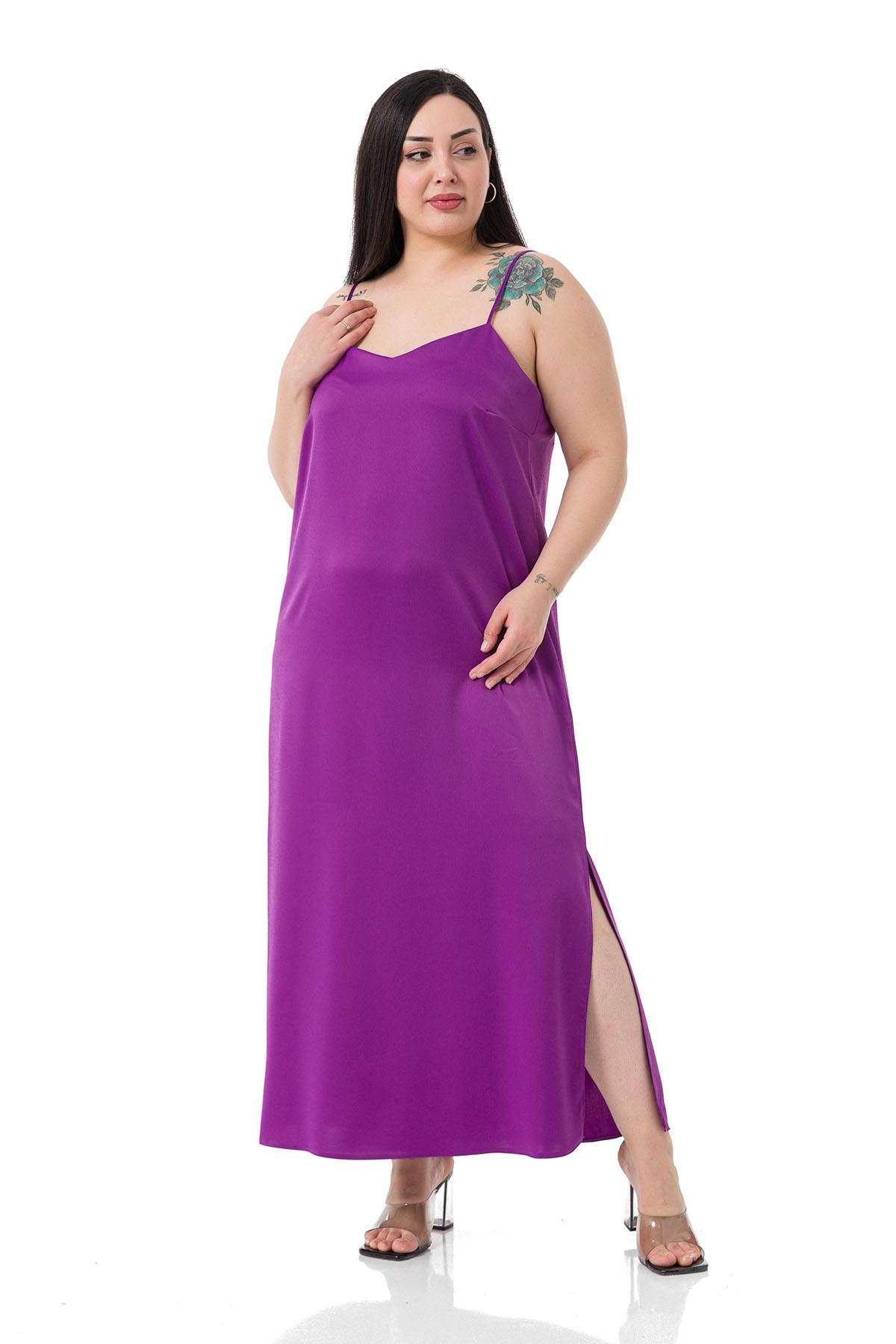 Plus Size Adjustable Thin Strap Satin Purple Dress with Side Slit