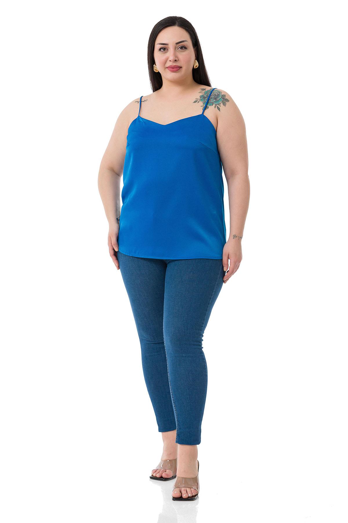 Plus Size Adjustable Thin Straps Satin Saks Blue Blouse