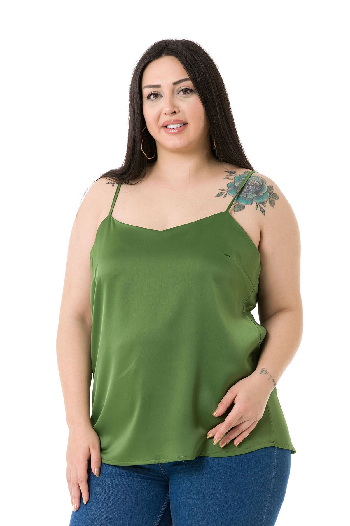Plus Size Adjustable Thin Straps Satin Green Blouse