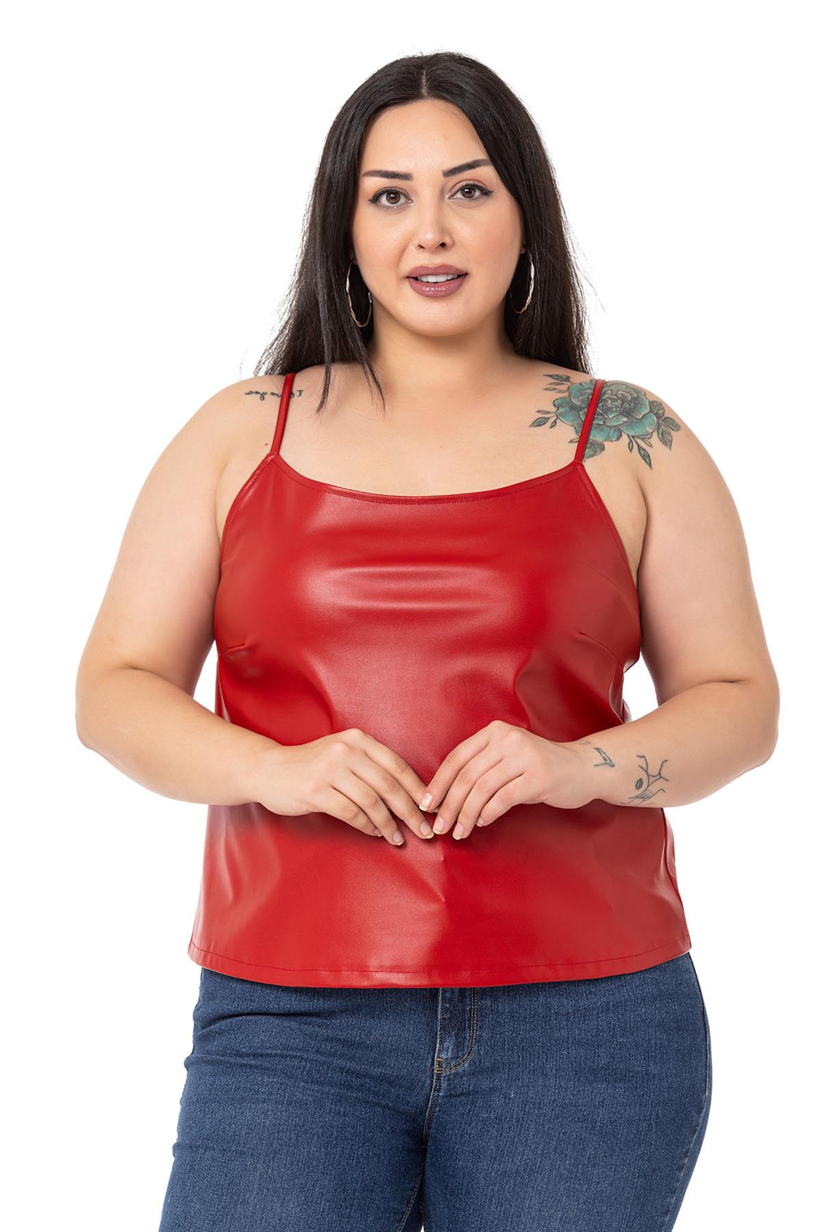 Plus Size Adjustable Thin Strap Elastic Back Leather Red Blouse