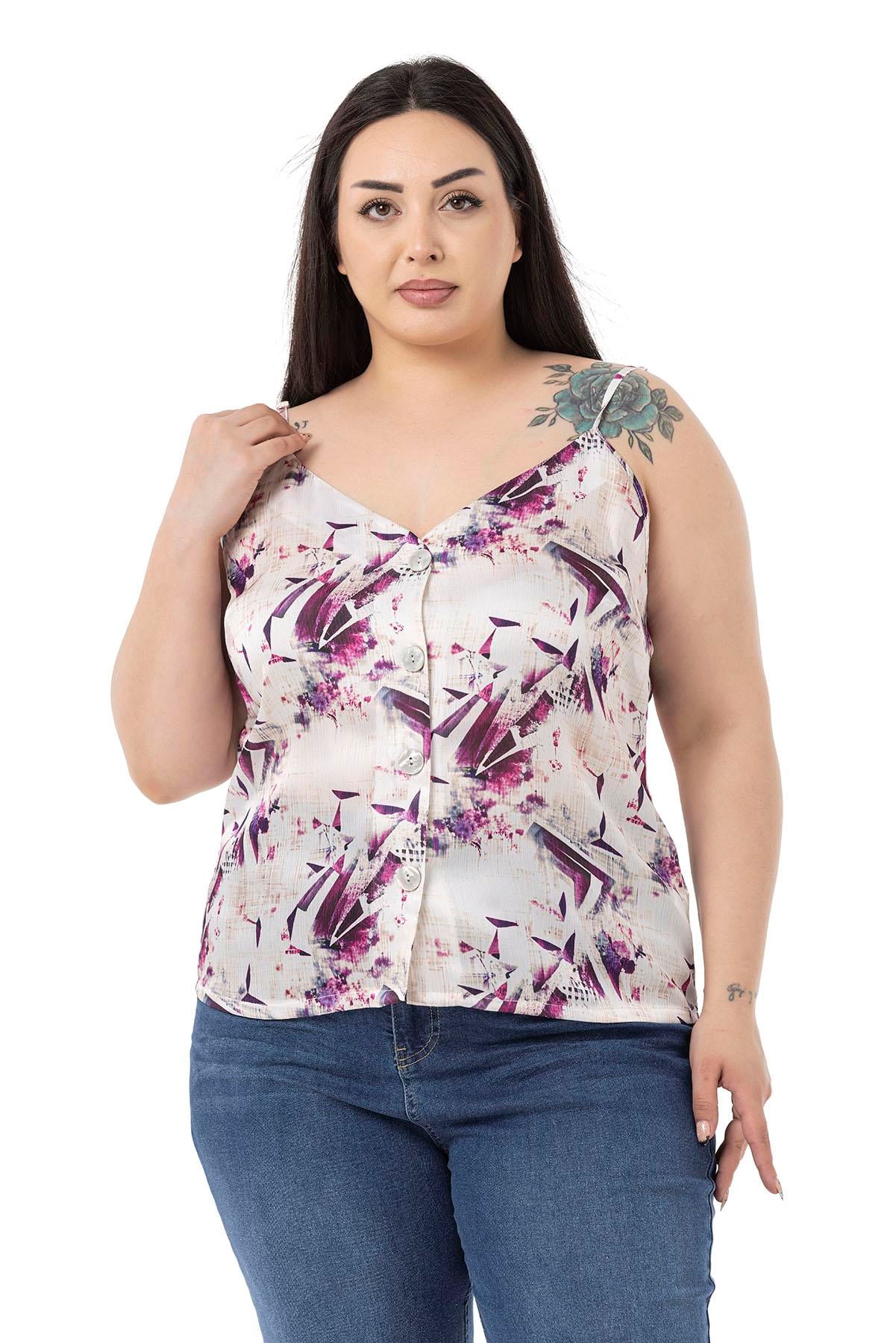 Plus Size Adjustable Thin Straps Front Buttoned Floral Patterned Purple Blouse