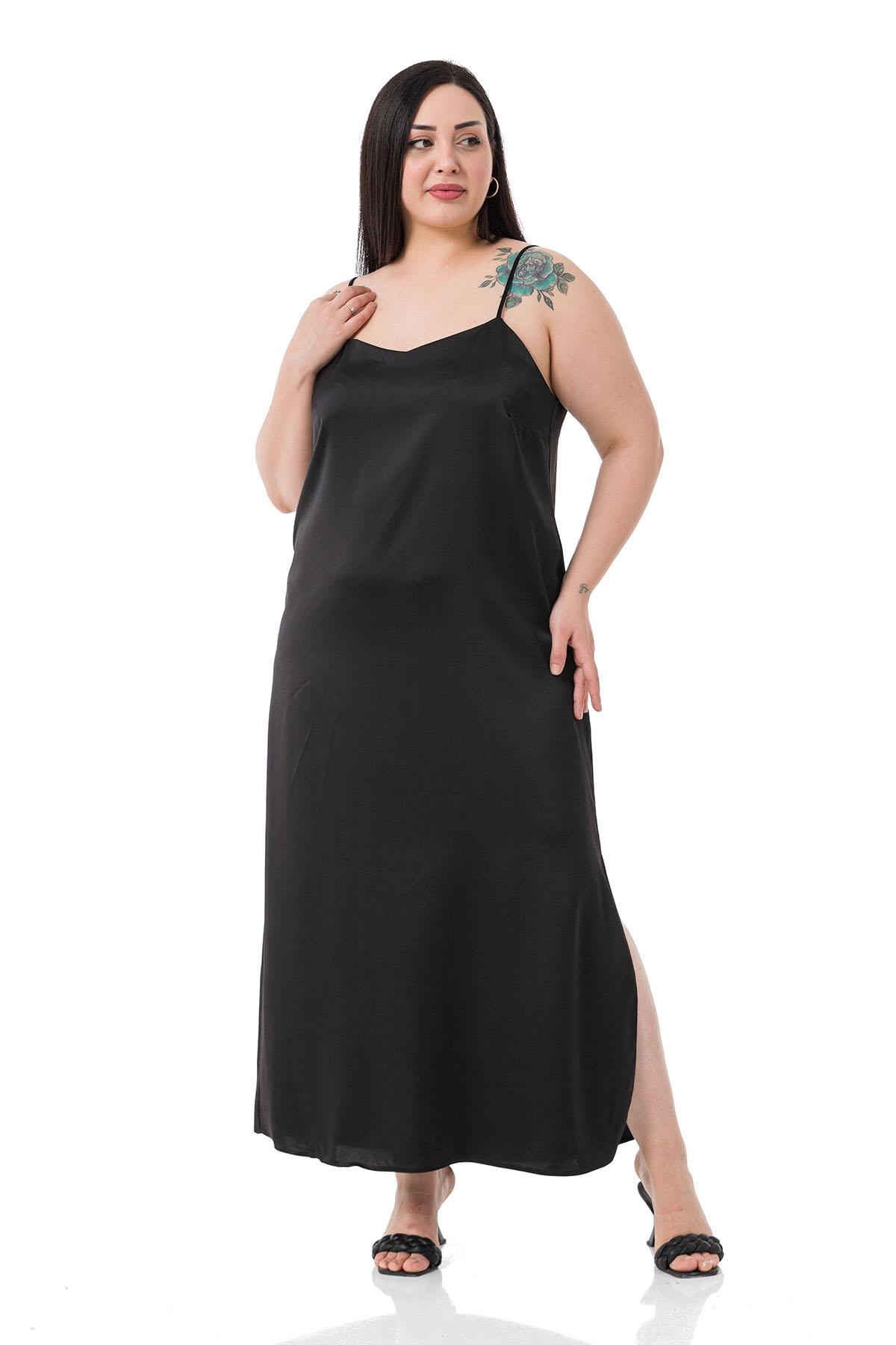Plus Size Adjustable Thin Strap Satin Black Dress with Side Slit