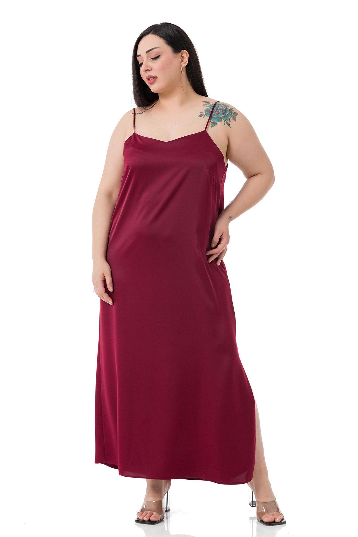 Plus Size Adjustable Thin Strap Satin Burgundy Dress with Side Slit