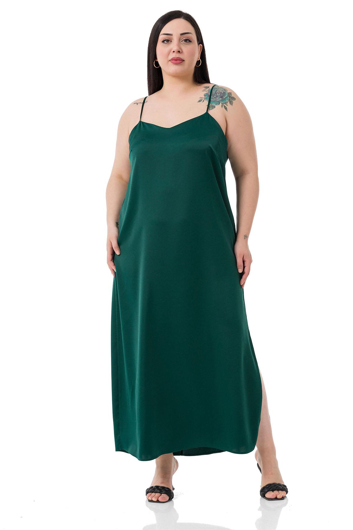 Plus Size Adjustable Thin Strap Satin Emerald Dress with Side Slit