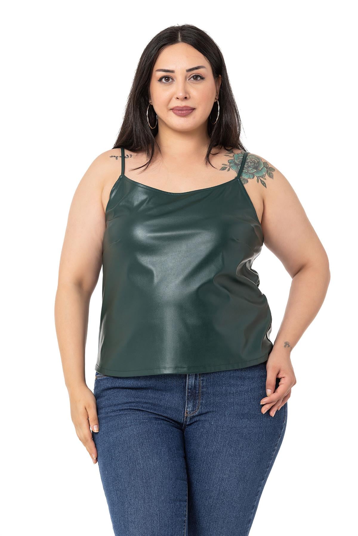 Plus Size Adjustable Thin Strap Elastic Back Leather Khaki Blouse