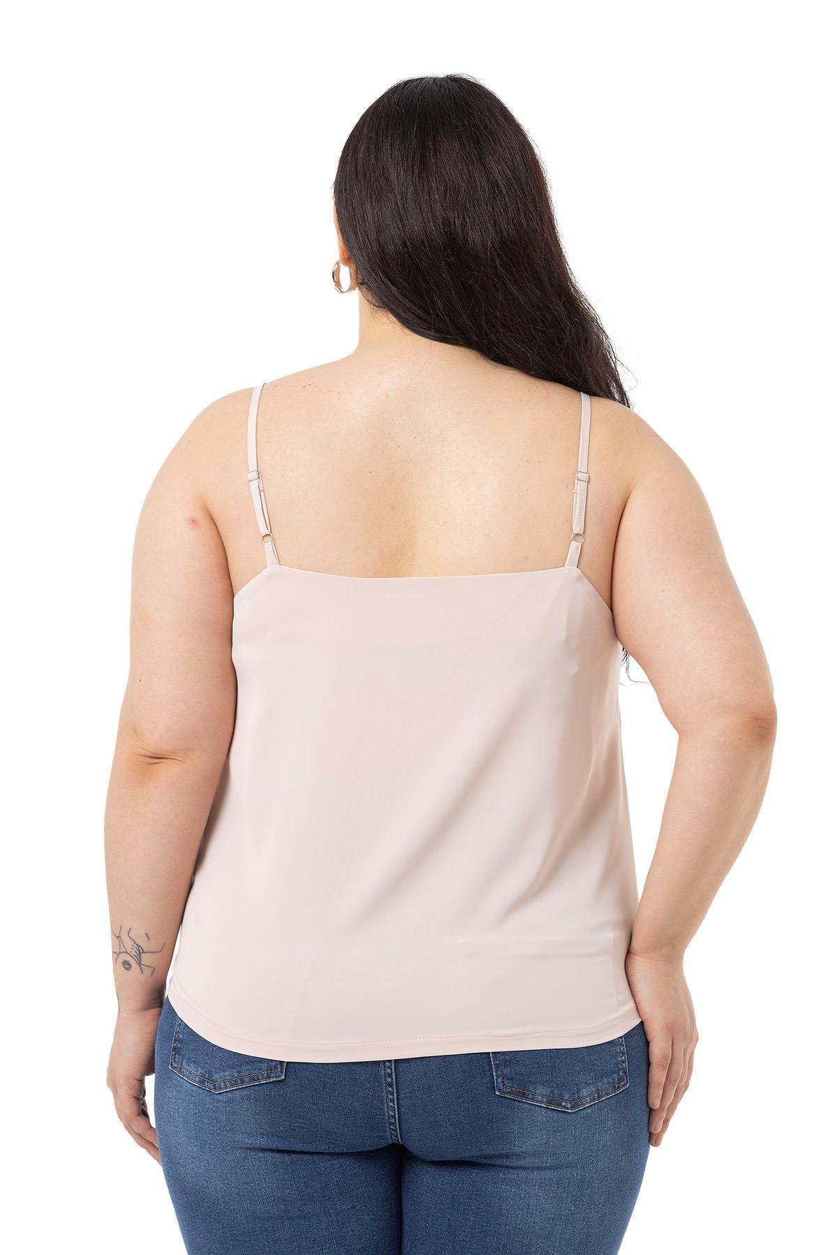 Plus Size Adjustable Thin Strap V Neck Beige Blouse