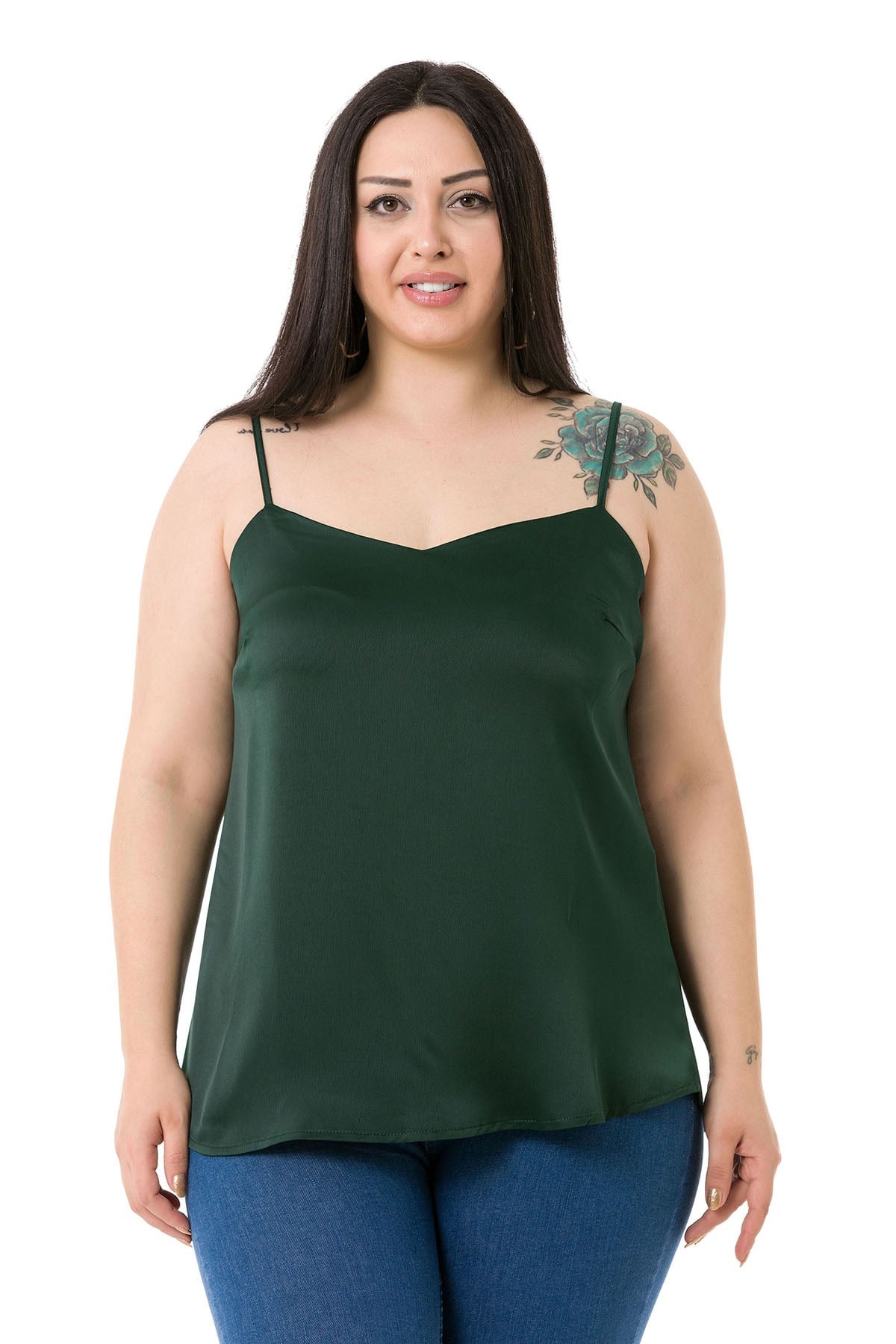 Plus Size Adjustable Thin Straps Satin Emerald Blouse