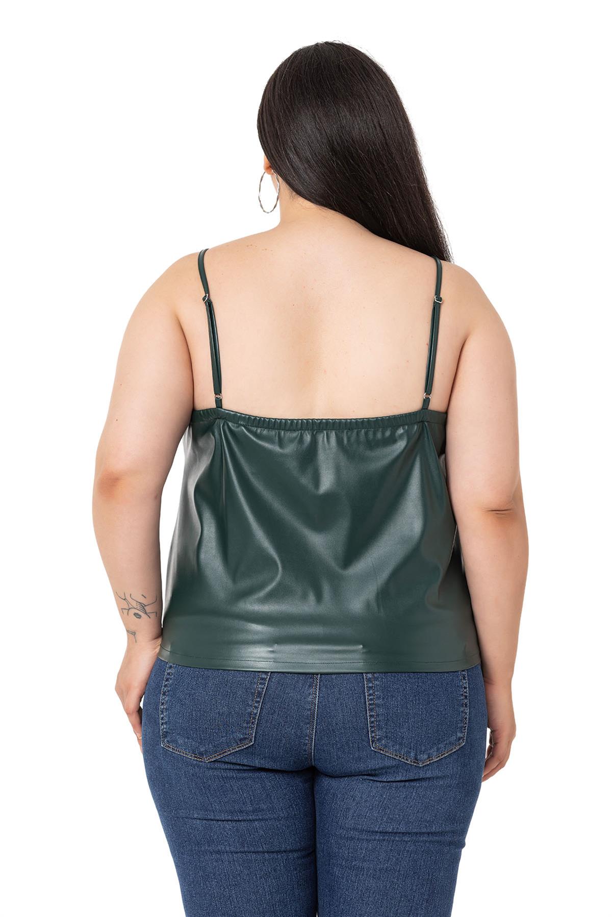 Plus Size Adjustable Thin Strap Elastic Back Leather Khaki Blouse