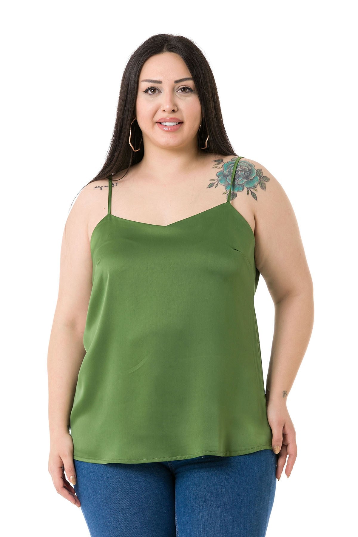 Plus Size Adjustable Thin Straps Satin Green Blouse
