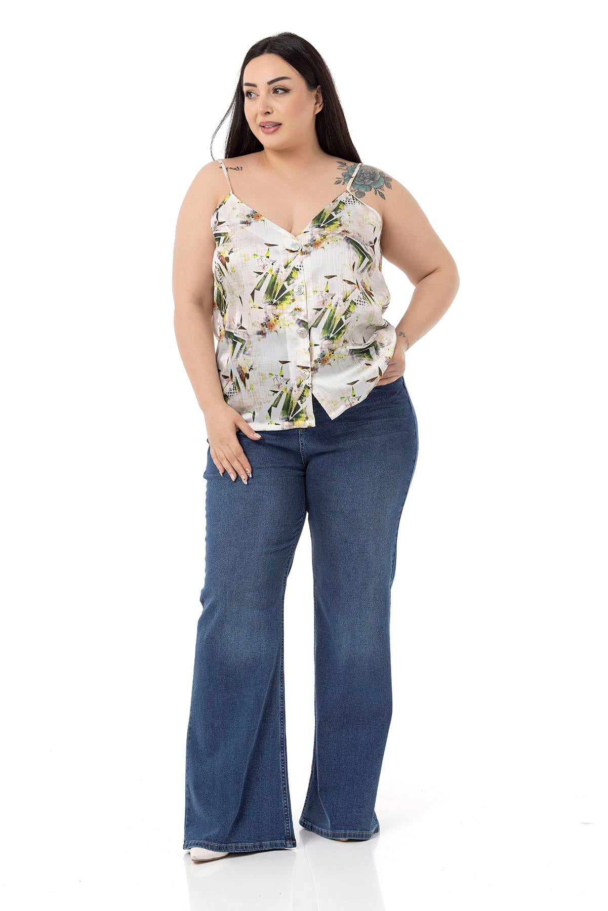 Plus Size Adjustable Thin Straps Front Buttoned Floral Patterned Green Blouse