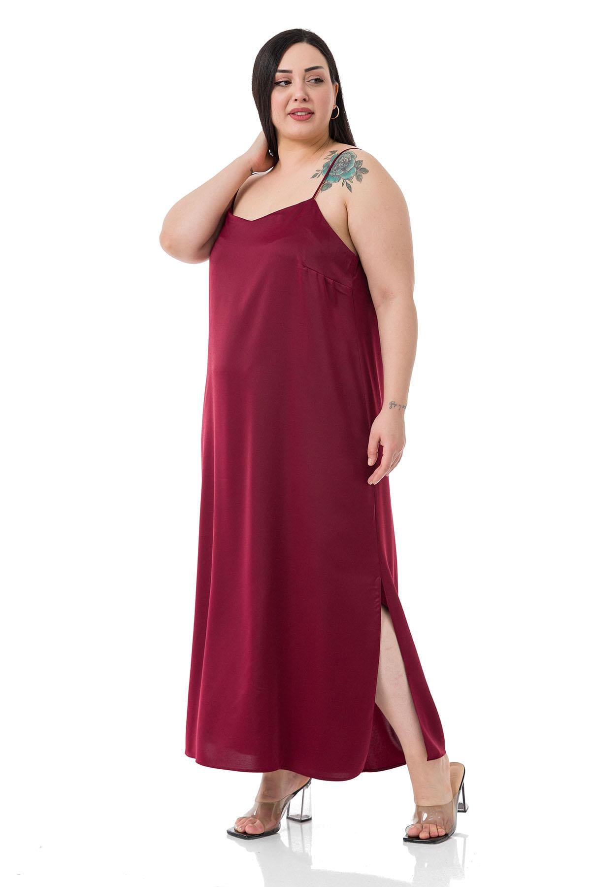 Plus Size Adjustable Thin Strap Satin Burgundy Dress with Side Slit