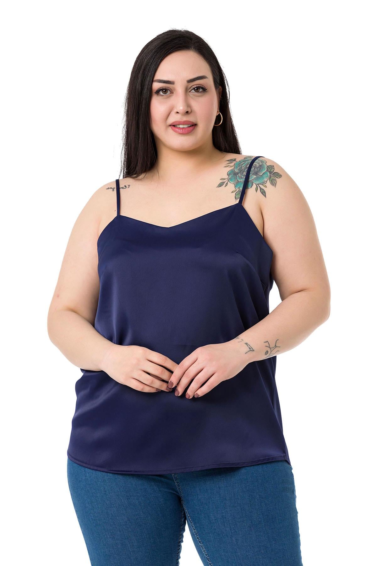 Plus Size Adjustable Thin Straps Satin Navy Blue Blouse