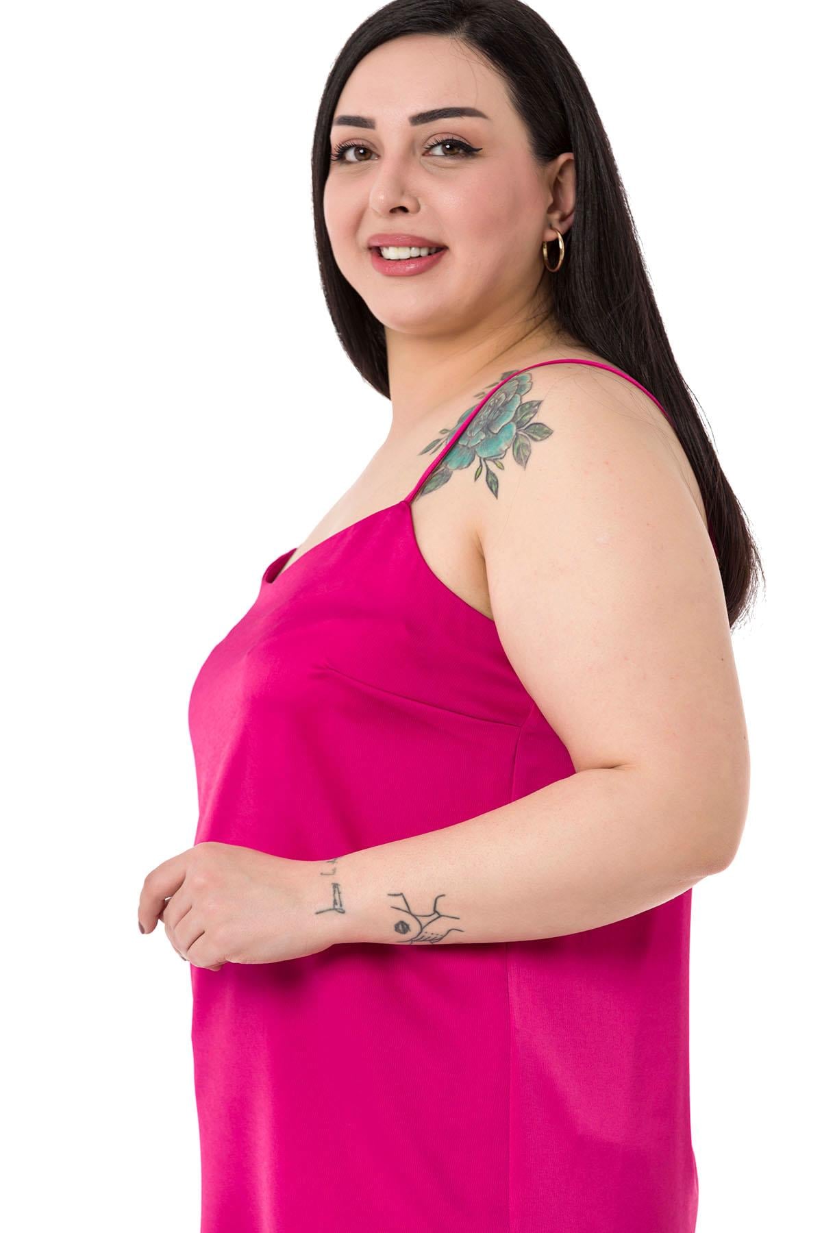 Plus Size Adjustable Thin Straps Satin Fuchsia Blouse