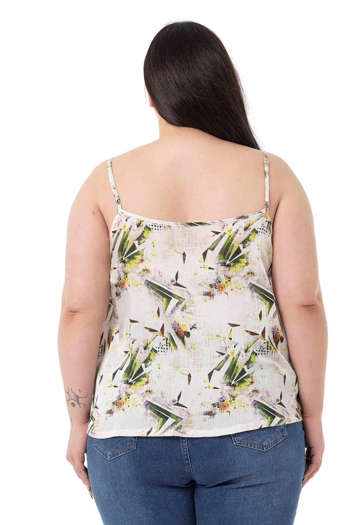 Plus Size Adjustable Thin Straps Front Buttoned Floral Patterned Green Blouse