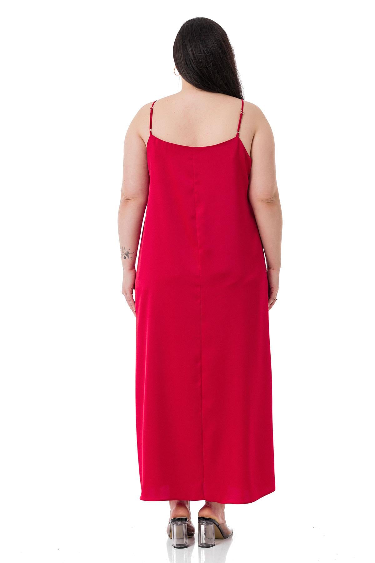 Plus Size Adjustable Thin Strap Satin Red Dress with Side Slit