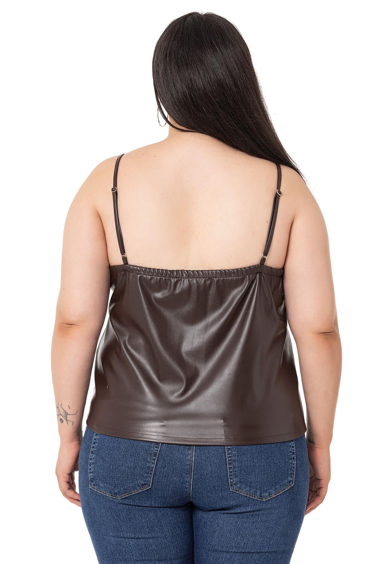 Plus Size Adjustable Thin Strap Elastic Back Leather Brown Blouse