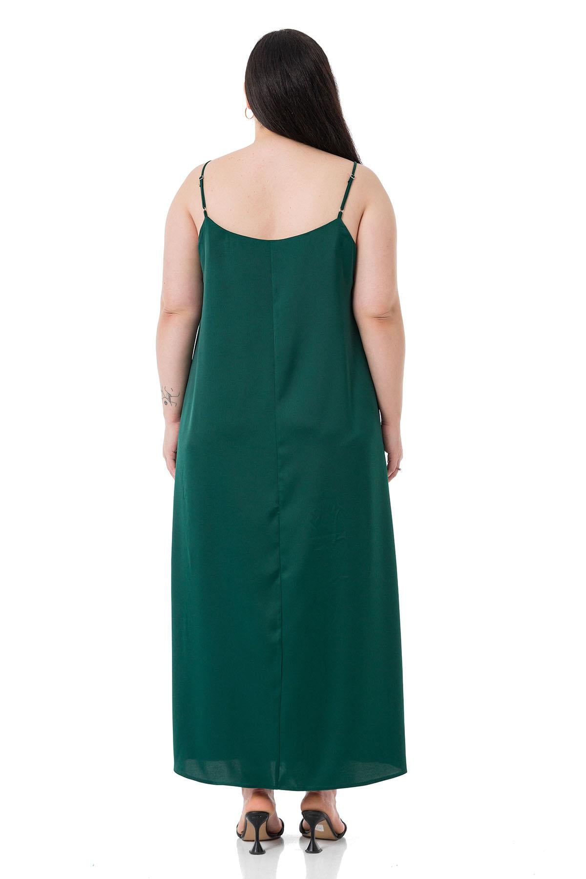Plus Size Adjustable Thin Strap Satin Emerald Dress with Side Slit