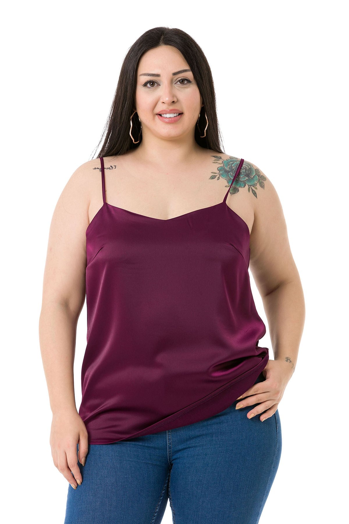 Plus Size Adjustable Thin Straps Satin Plum Blouse