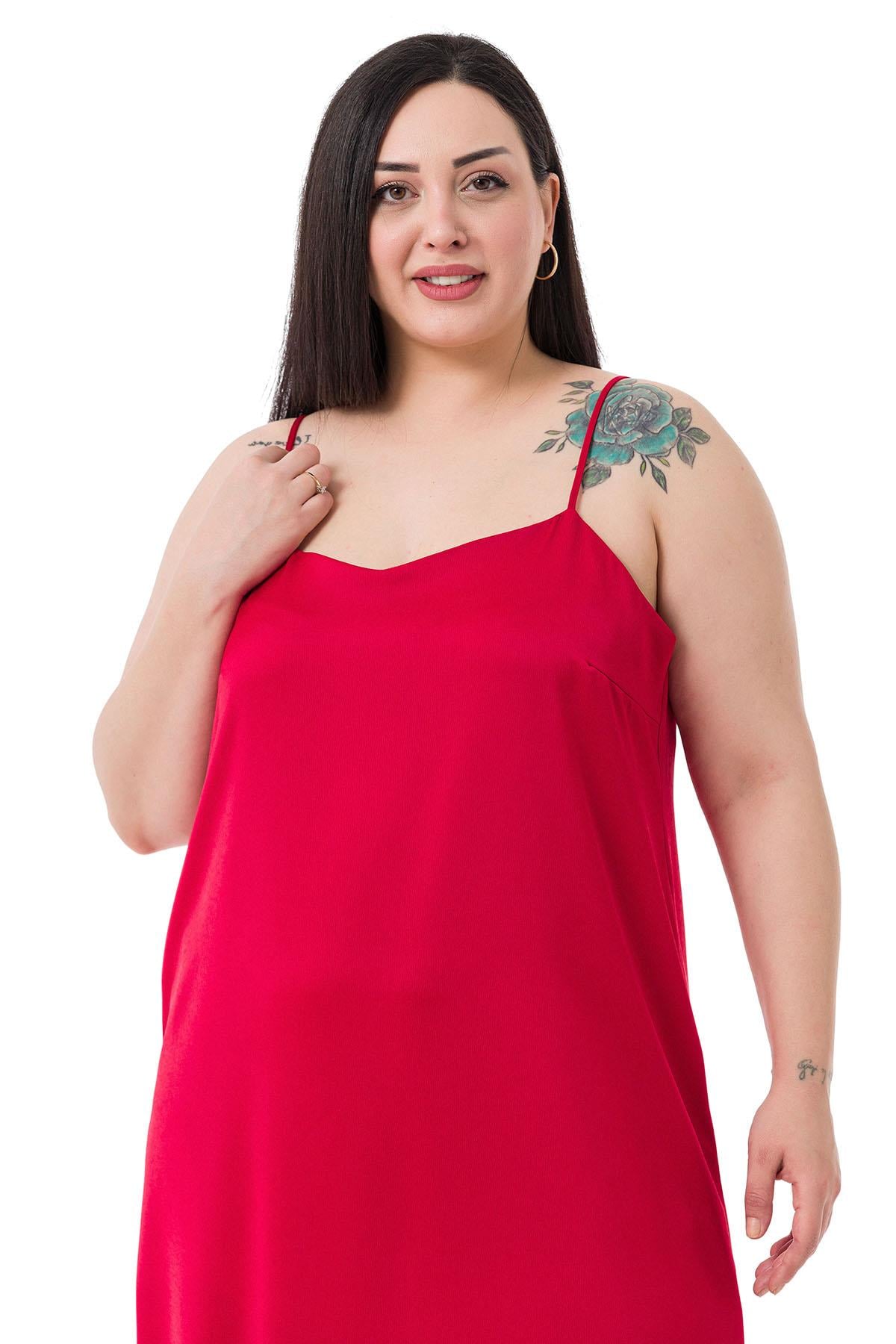 Plus Size Adjustable Thin Strap Satin Red Dress with Side Slit