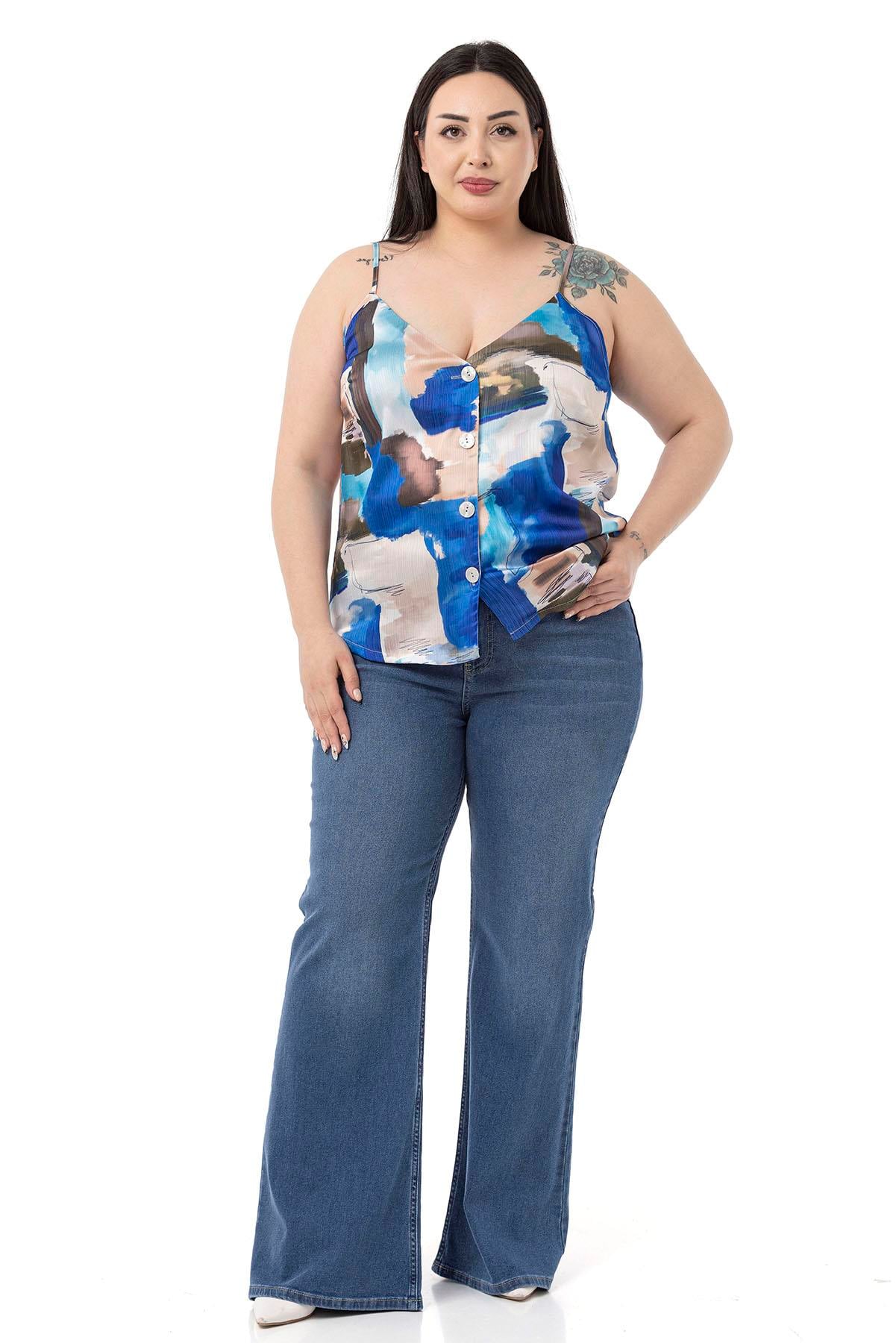 Plus Size Adjustable Thin Straps Front Buttoned Batik Patterned Blue Blouse