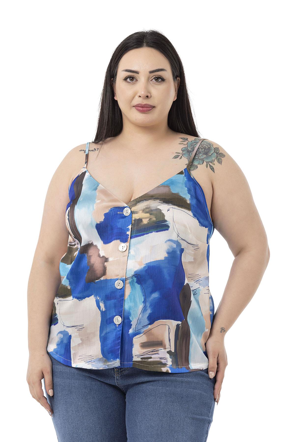 Plus Size Adjustable Thin Straps Front Buttoned Batik Patterned Blue Blouse