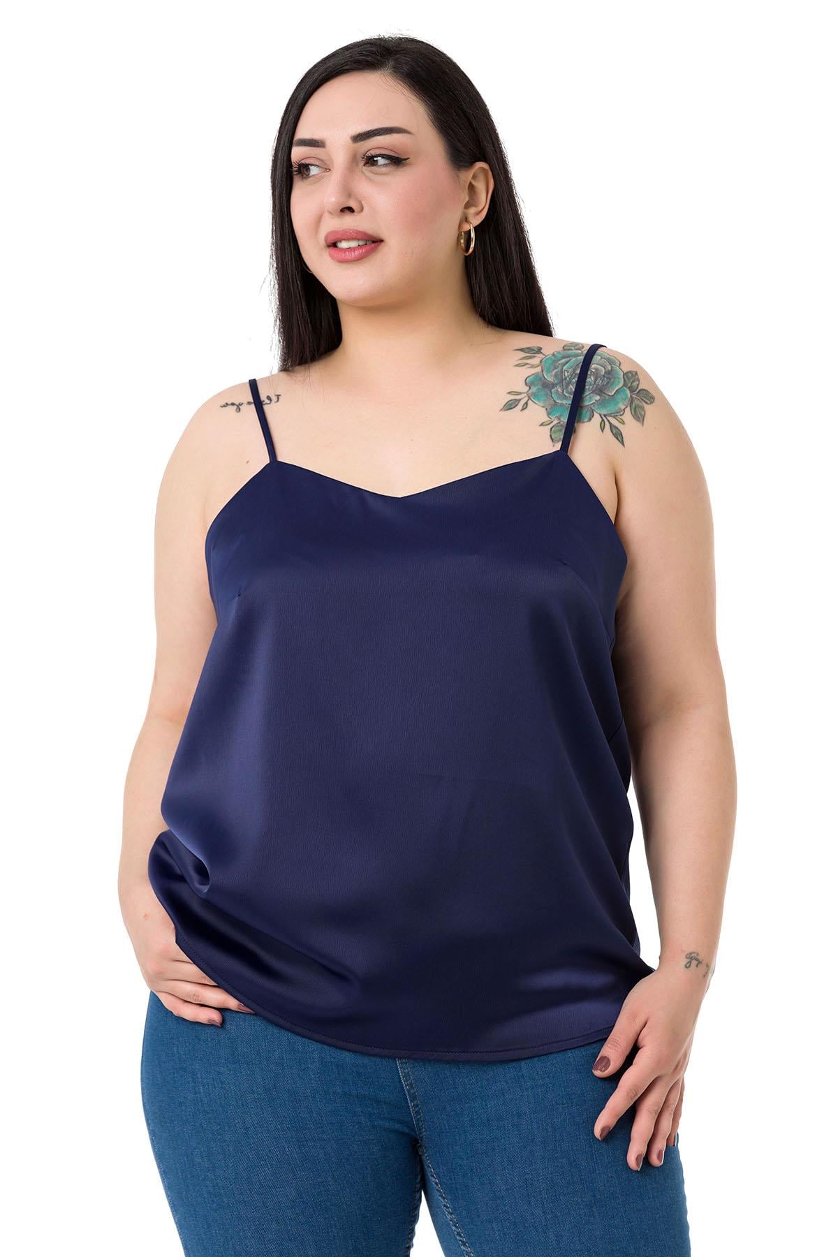 Plus Size Adjustable Thin Straps Satin Navy Blue Blouse