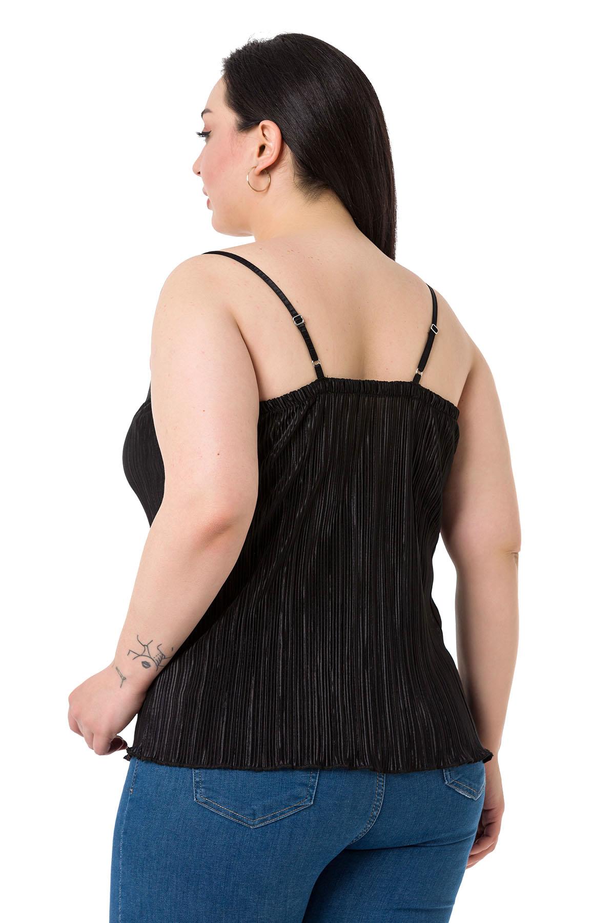 Plus Size Adjustable Rope Straps Elastic Back Knitted Black Blouse