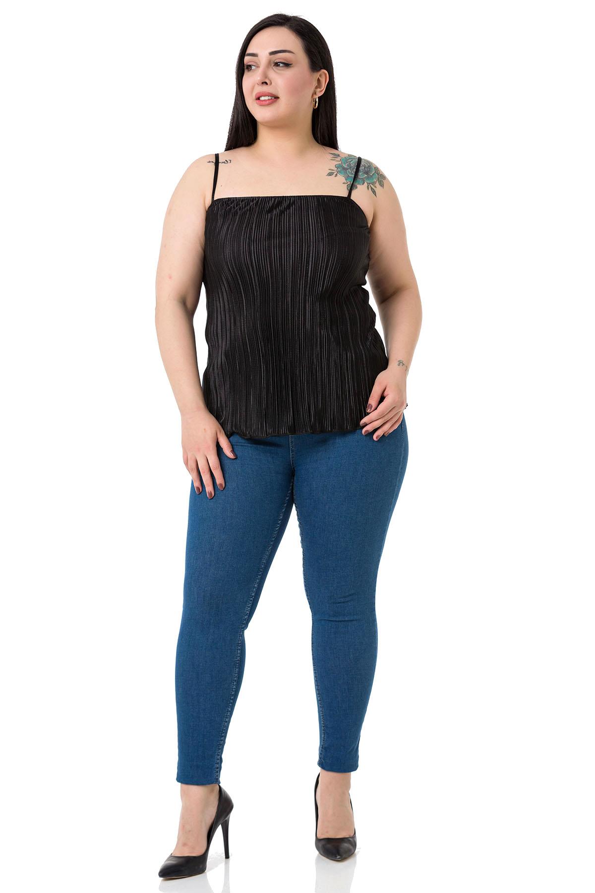 Plus Size Adjustable Rope Straps Elastic Back Knitted Black Blouse