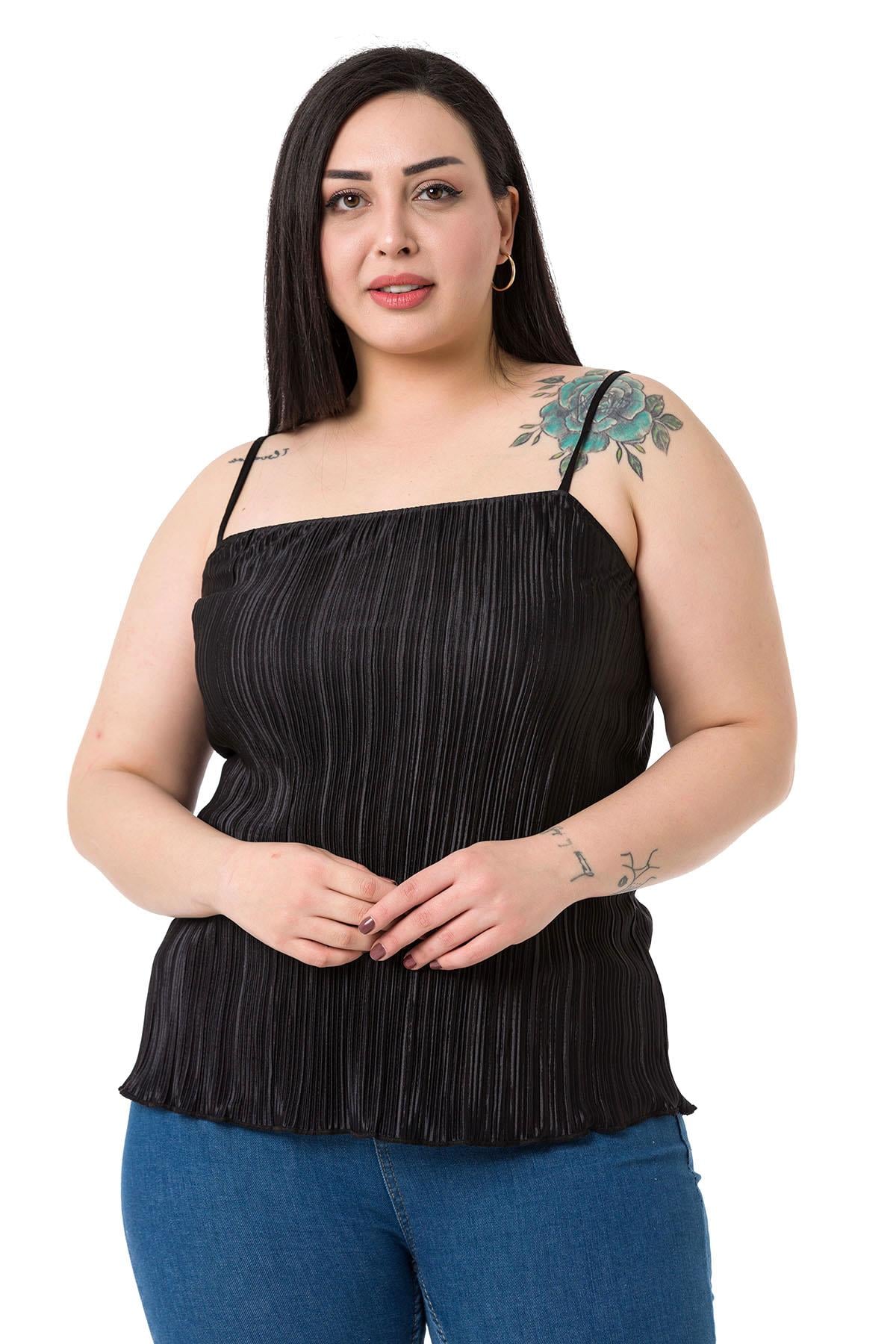 Plus Size Adjustable Rope Straps Elastic Back Knitted Black Blouse