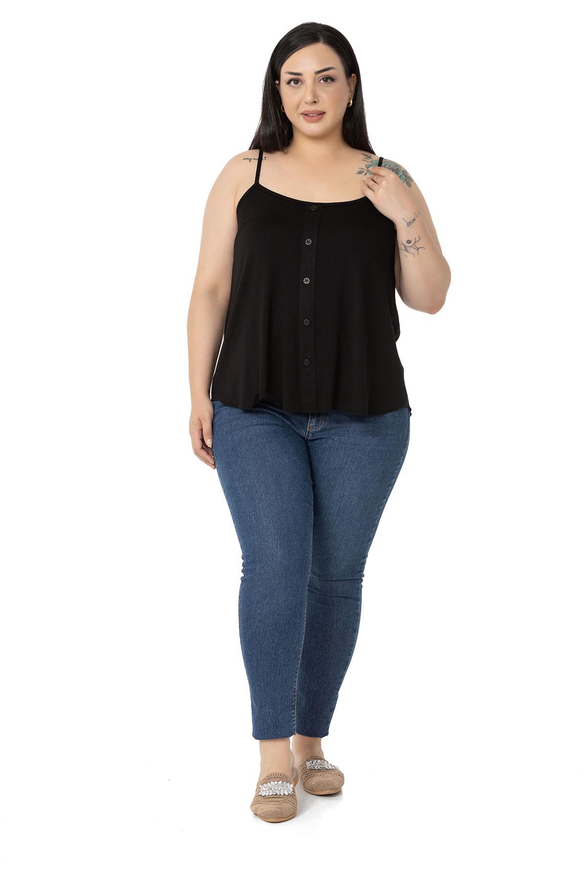 Plus Size Adjustable Rope Strap Decorative Buttoned Viscose Black Blouse