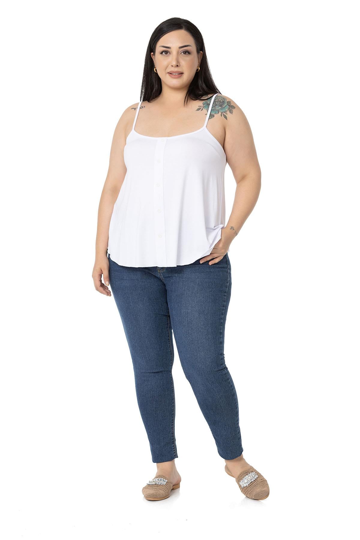 Plus Size Adjustable Rope Strap Decorative Buttoned Viscose White Blouse