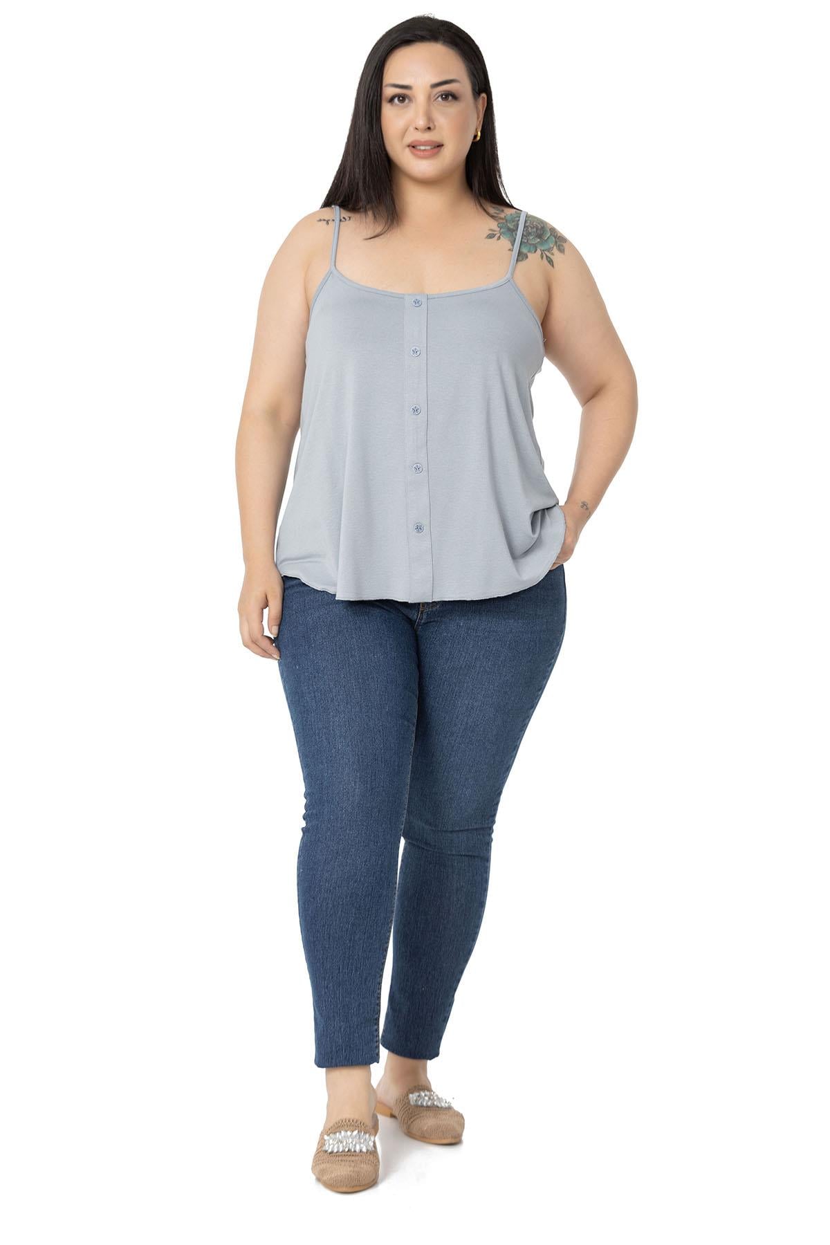 Plus Size Adjustable Rope Strap Decorative Buttoned Viscose Gray Blouse