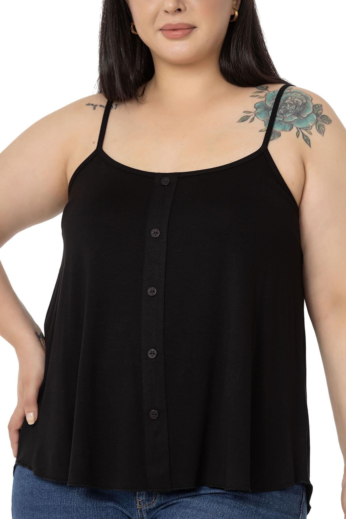 Plus Size Adjustable Rope Strap Decorative Buttoned Viscose Black Blouse