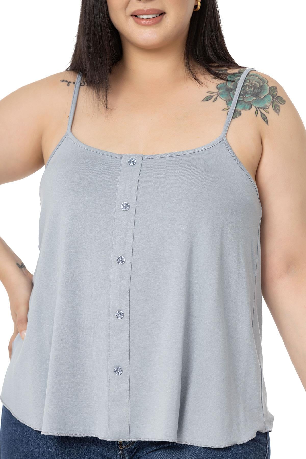 Plus Size Adjustable Rope Strap Decorative Buttoned Viscose Gray Blouse