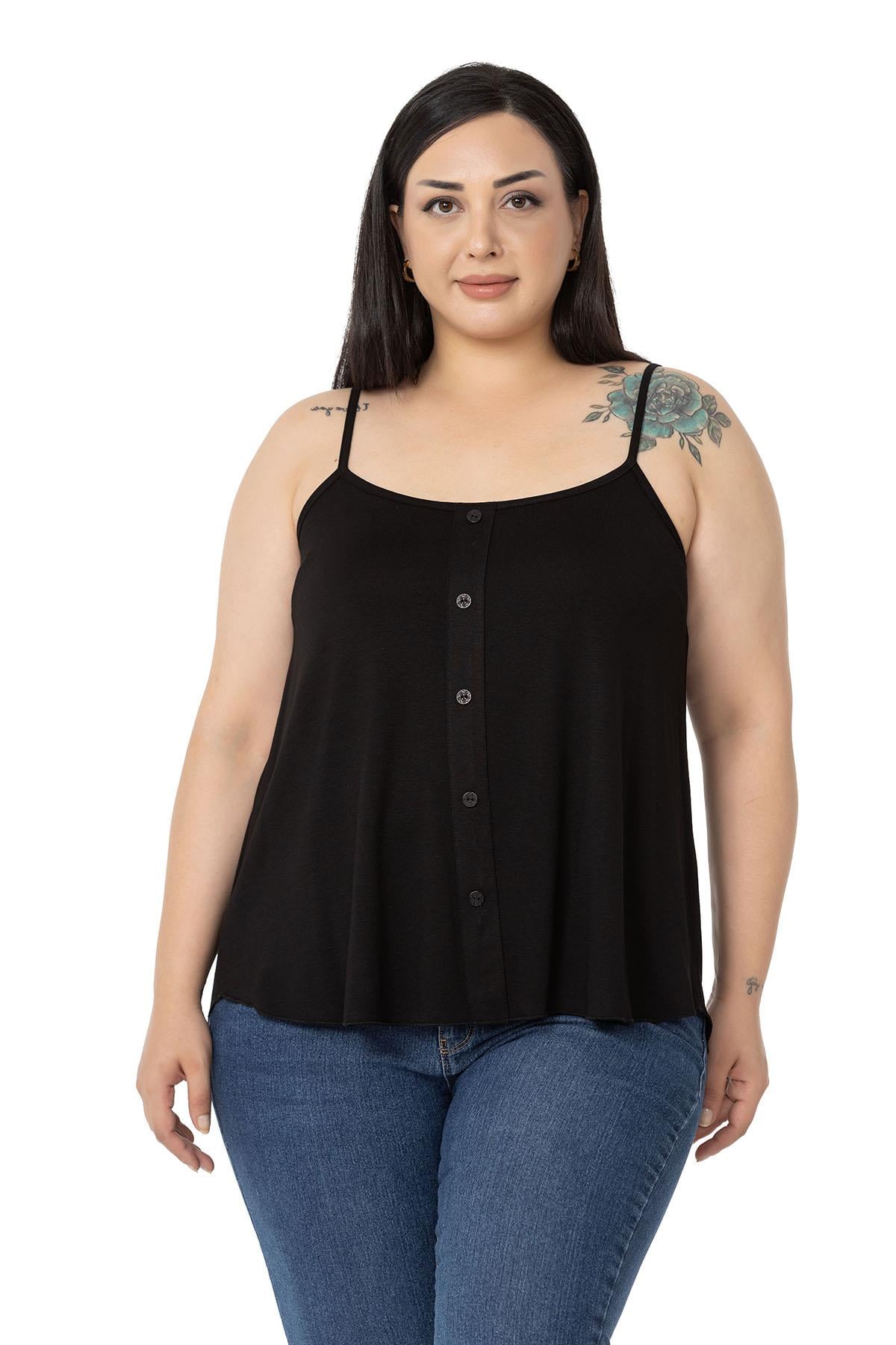 Plus Size Adjustable Rope Strap Decorative Buttoned Viscose Black Blouse