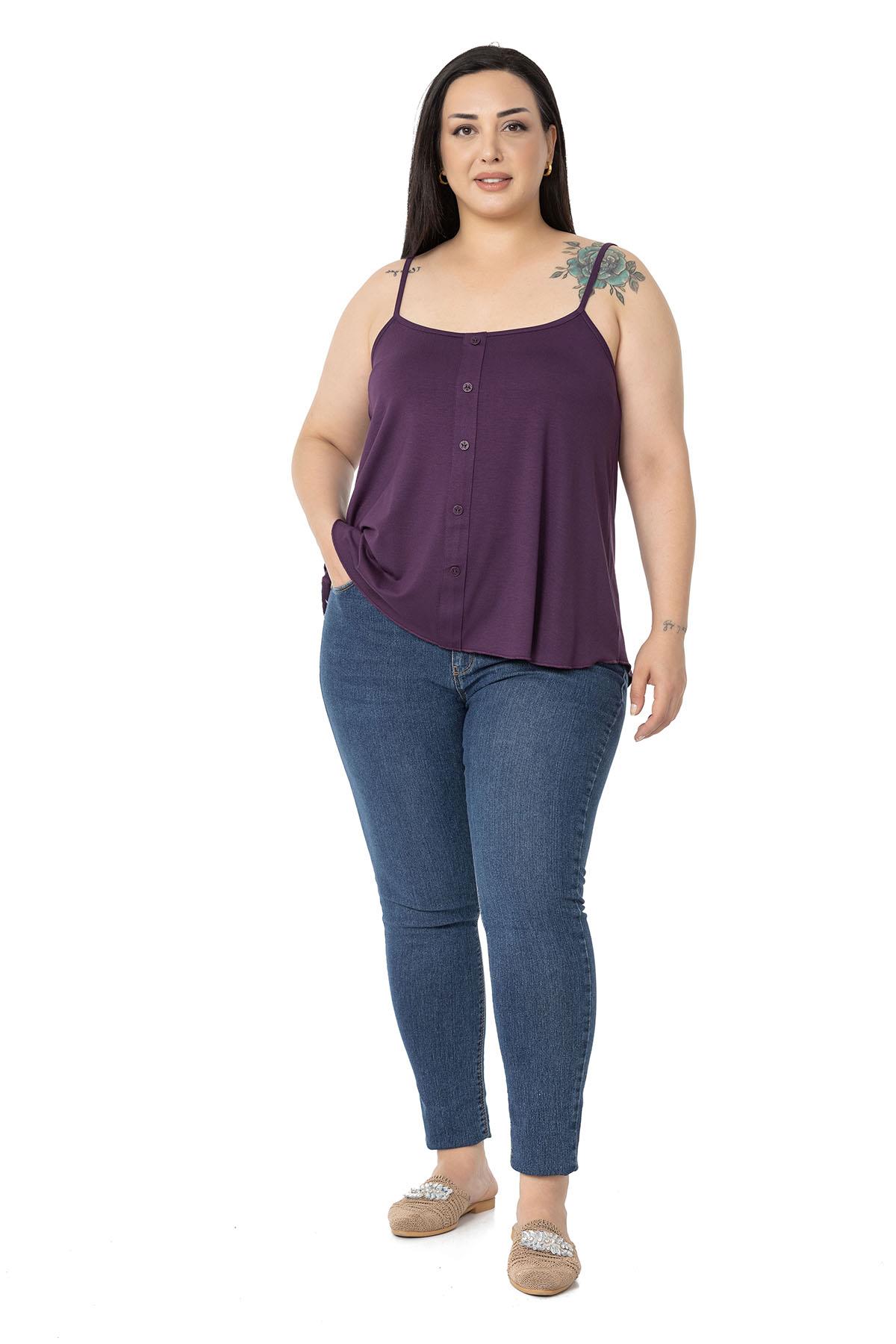 Plus Size Adjustable Rope Strap Decorative Buttoned Viscose Plum Blouse