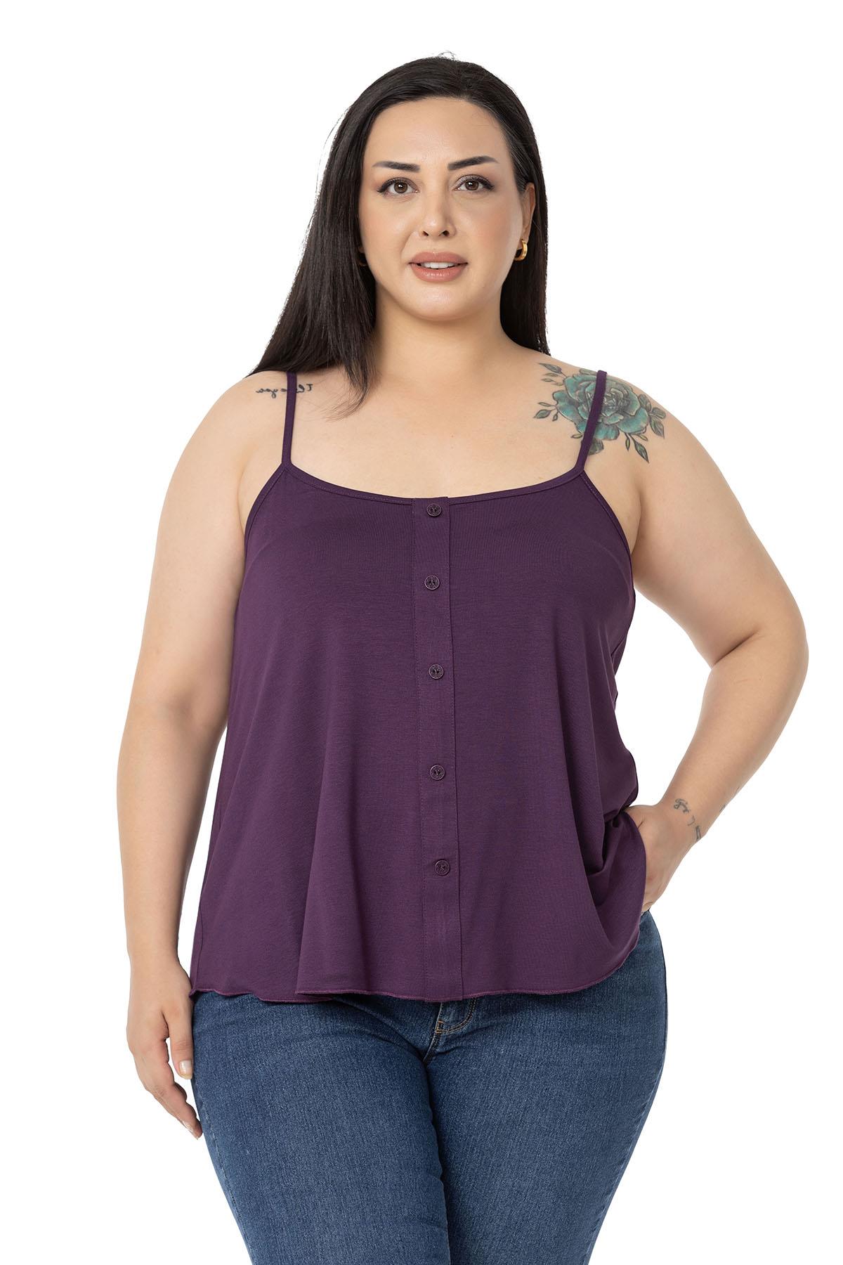Plus Size Adjustable Rope Strap Decorative Buttoned Viscose Plum Blouse