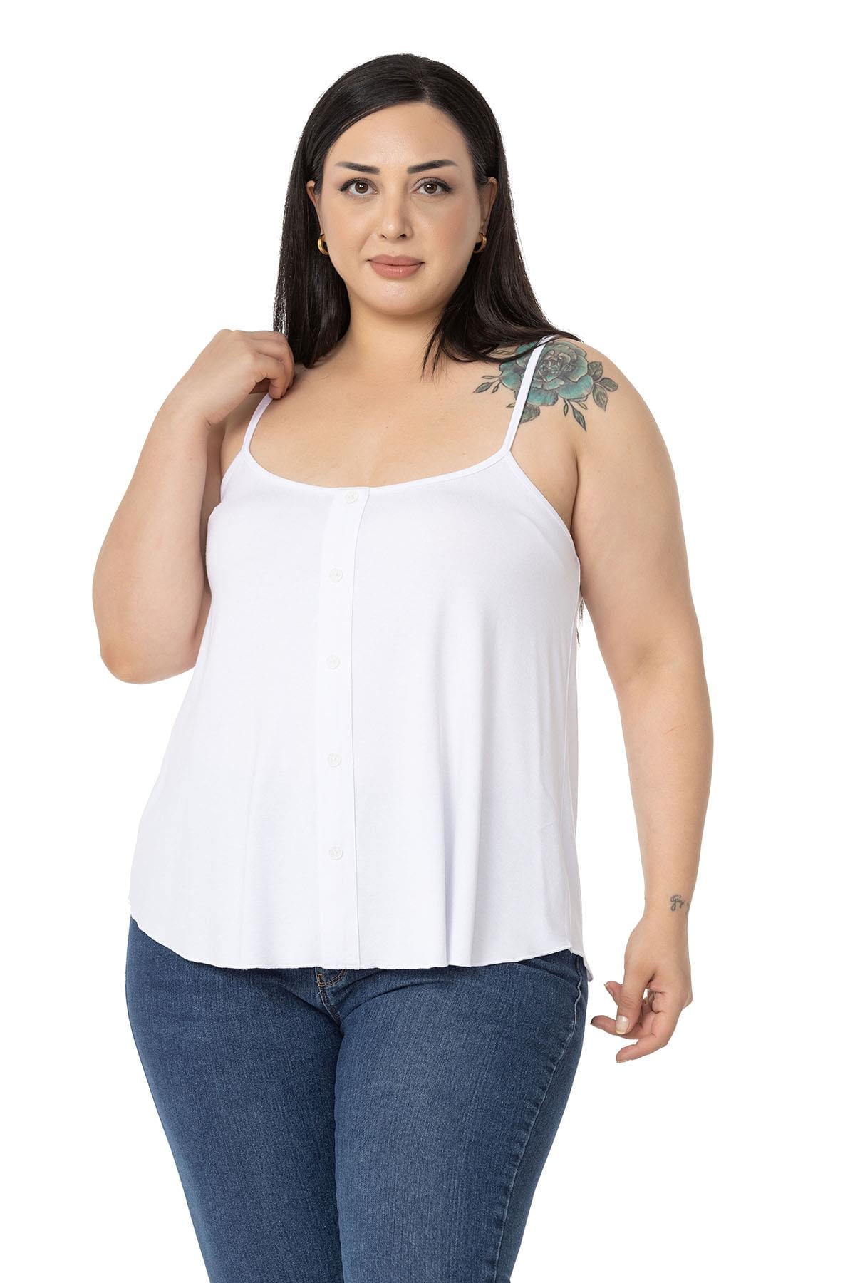 Plus Size Adjustable Rope Strap Decorative Buttoned Viscose White Blouse