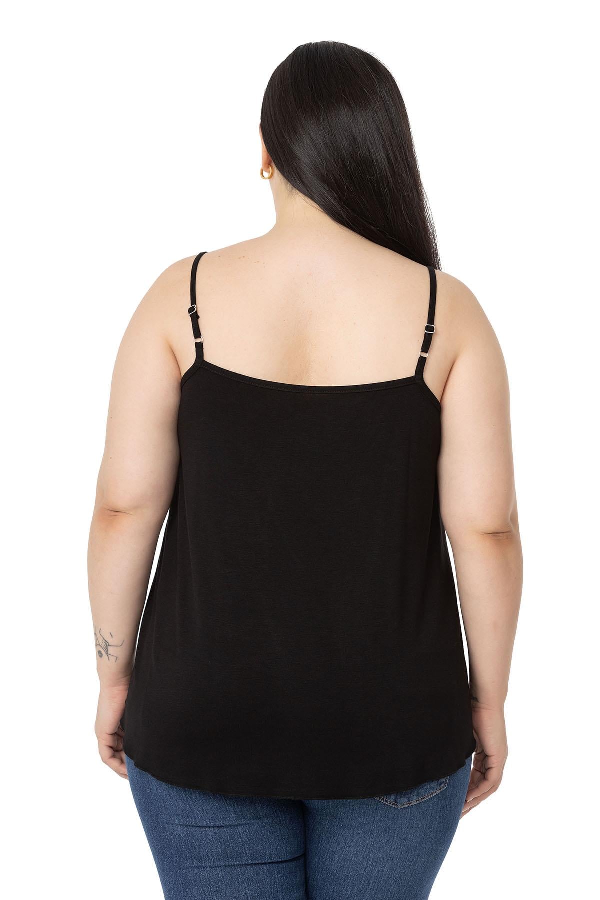 Plus Size Adjustable Rope Strap Decorative Buttoned Viscose Black Blouse