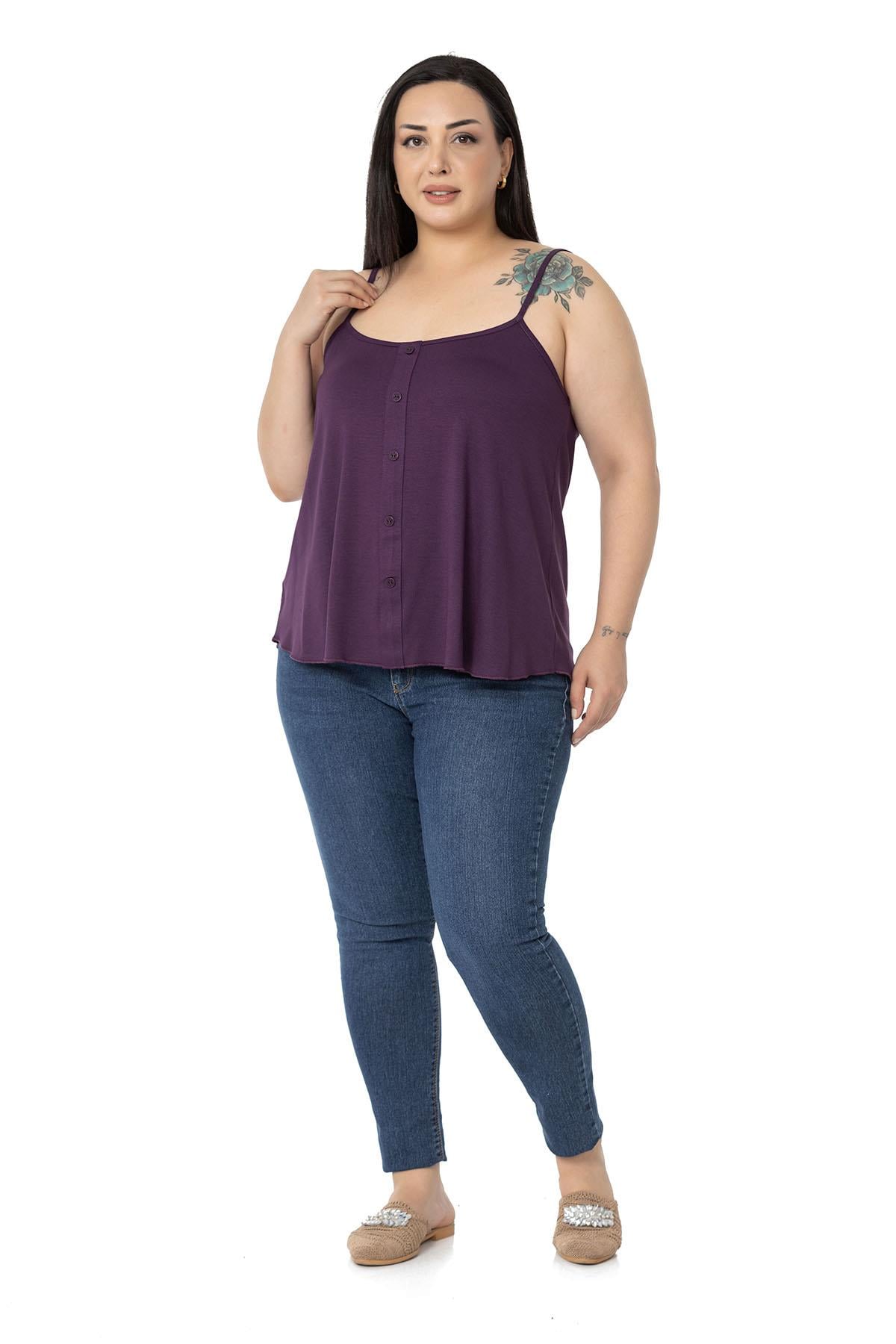 Plus Size Adjustable Rope Strap Decorative Buttoned Viscose Plum Blouse