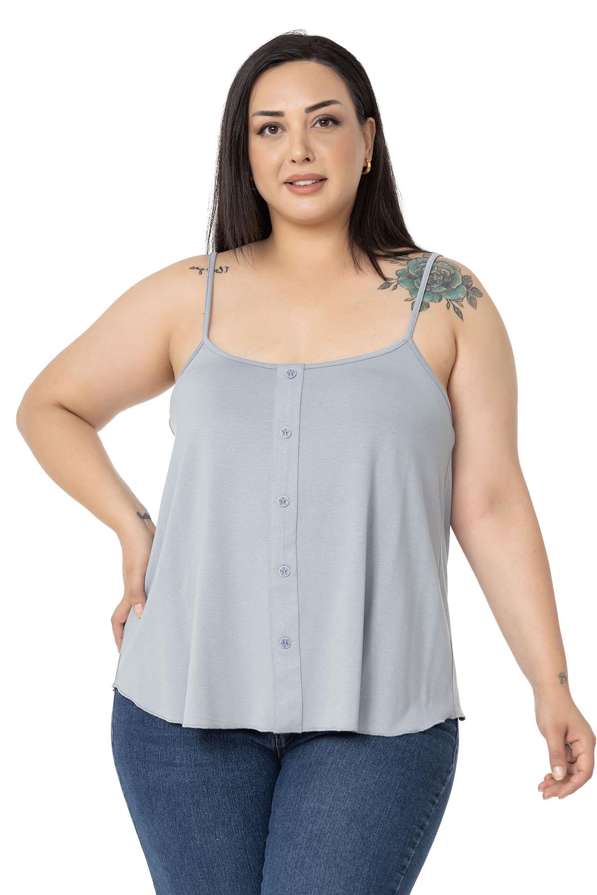 Plus Size Adjustable Rope Strap Decorative Buttoned Viscose Gray Blouse