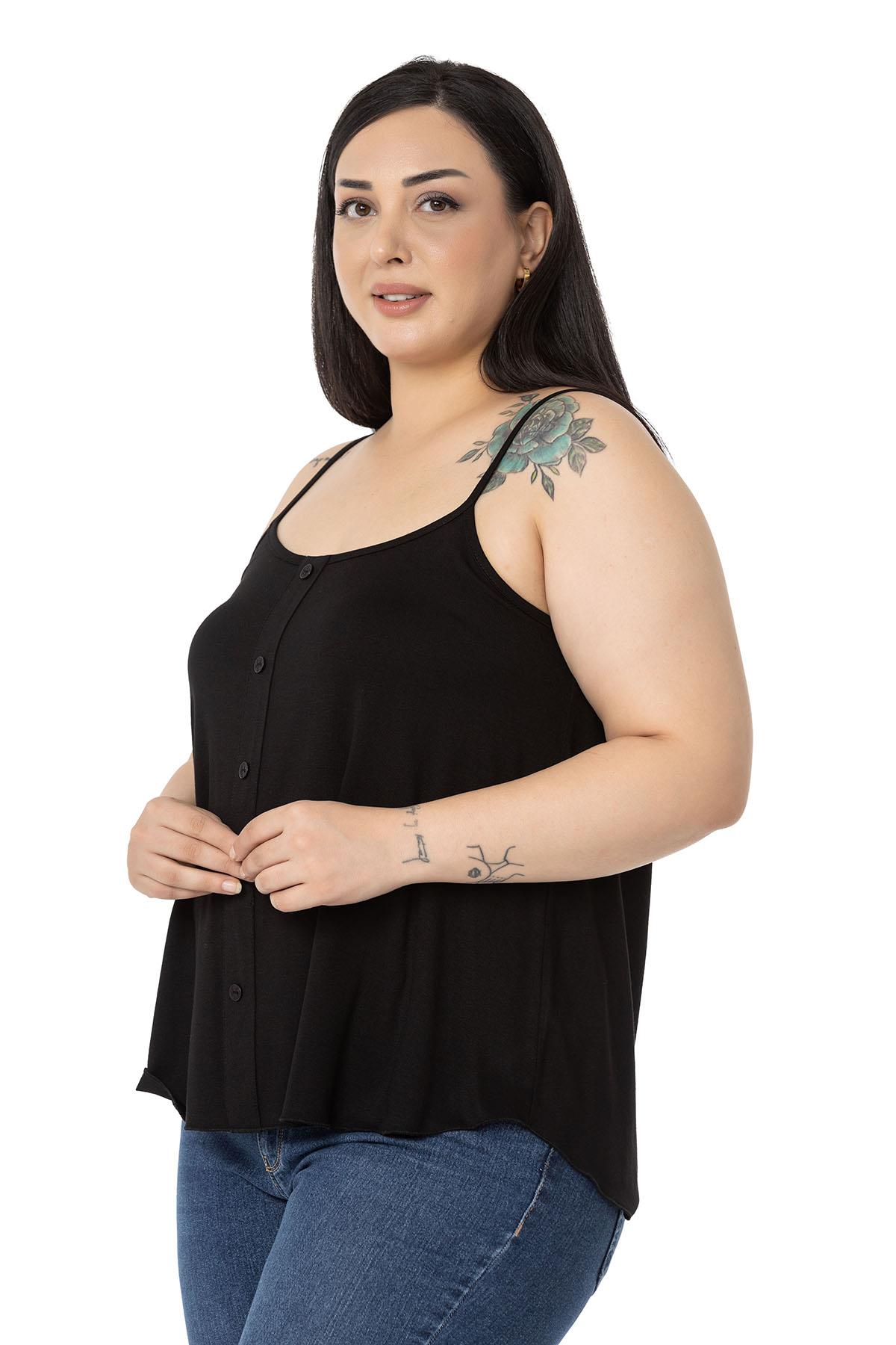Plus Size Adjustable Rope Strap Decorative Buttoned Viscose Black Blouse