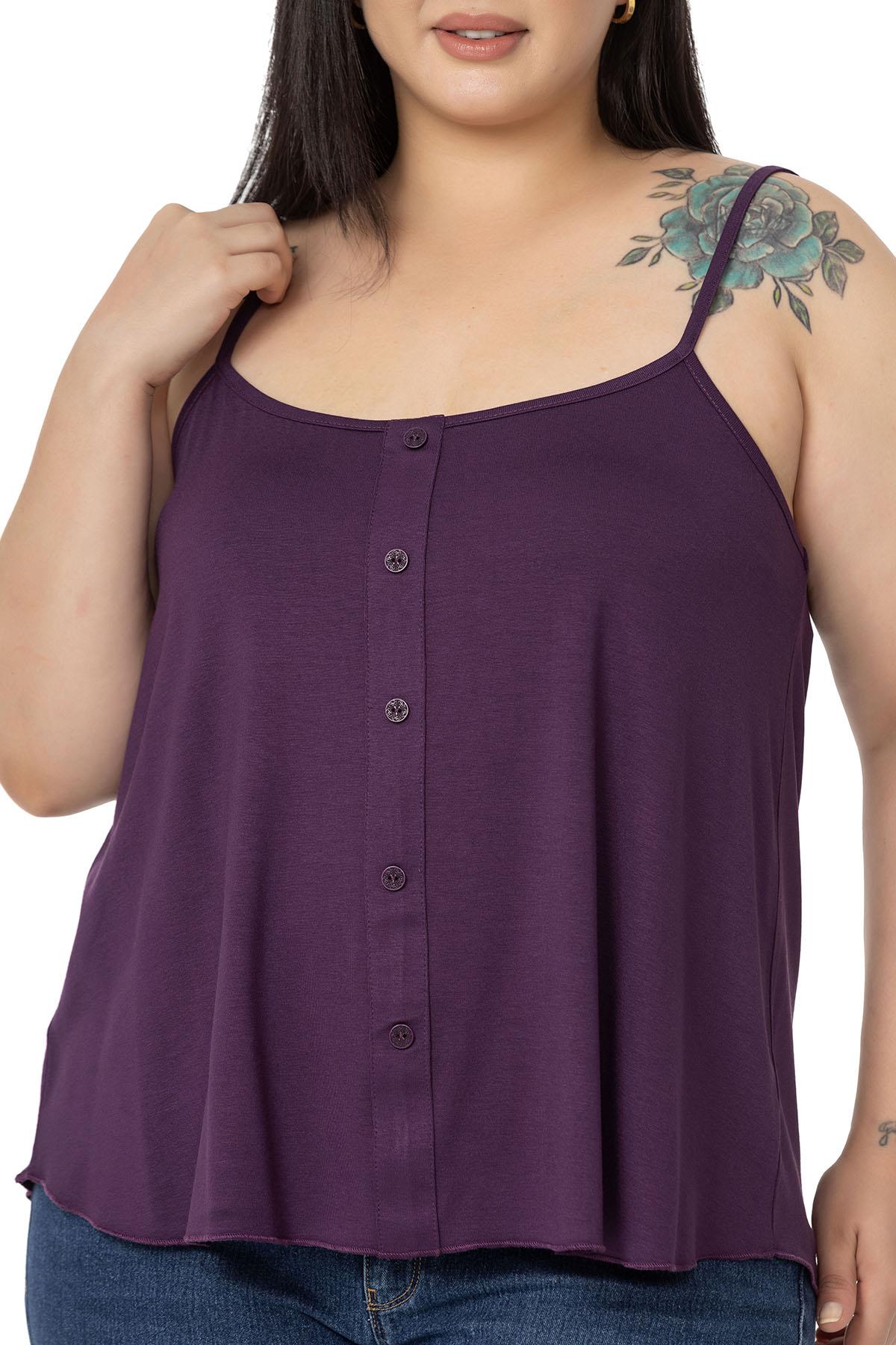 Plus Size Adjustable Rope Strap Decorative Buttoned Viscose Plum Blouse