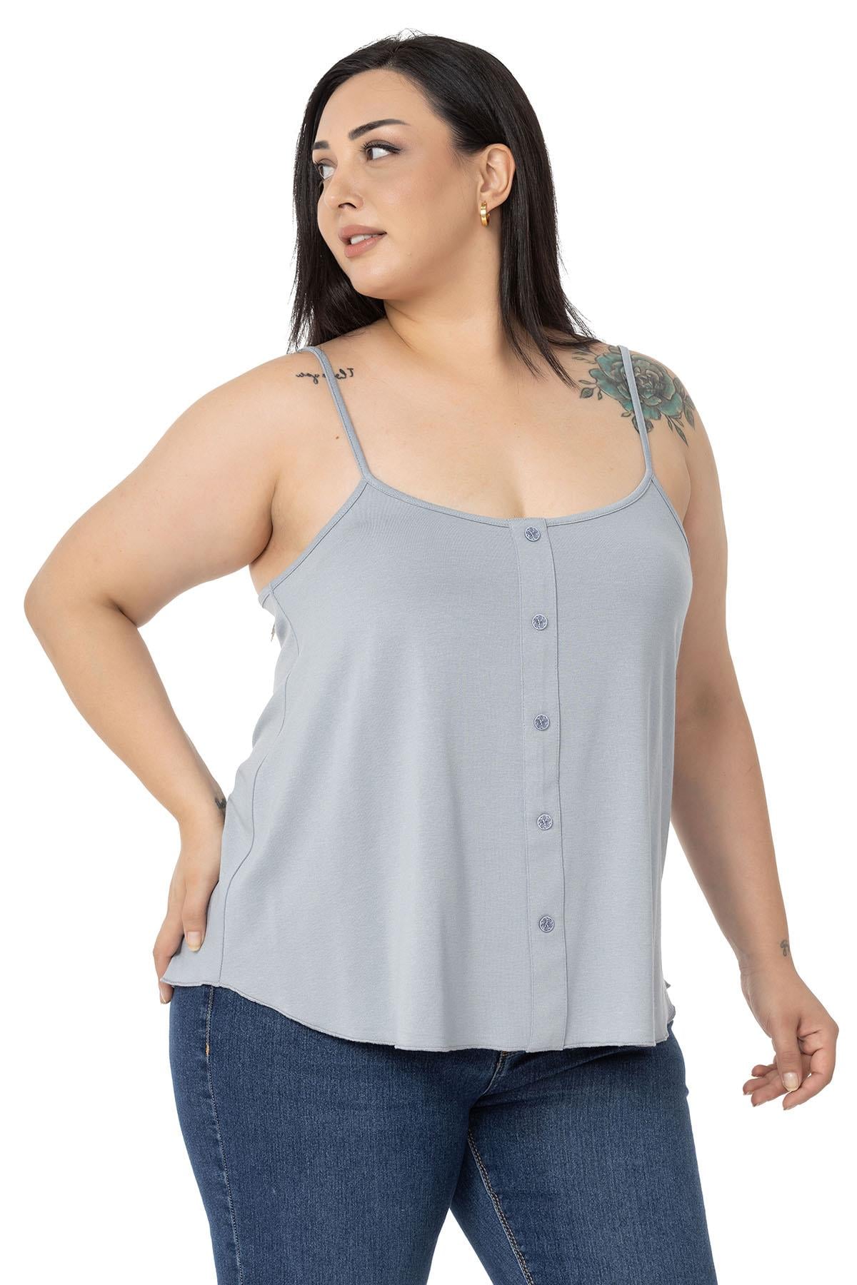 Plus Size Adjustable Rope Strap Decorative Buttoned Viscose Gray Blouse