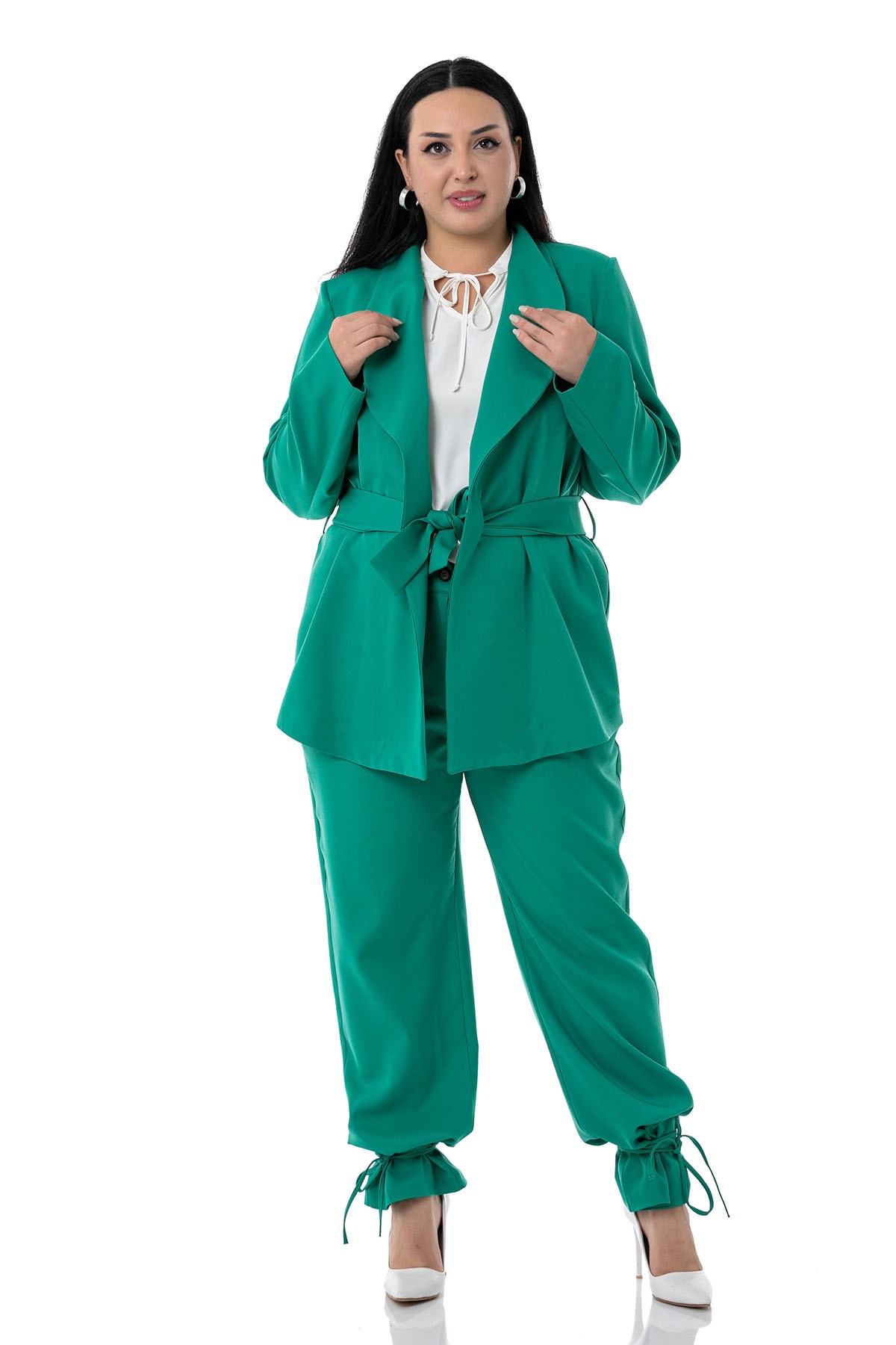 Plus Size Jacket Trousers Green Suit with Tie Detail
