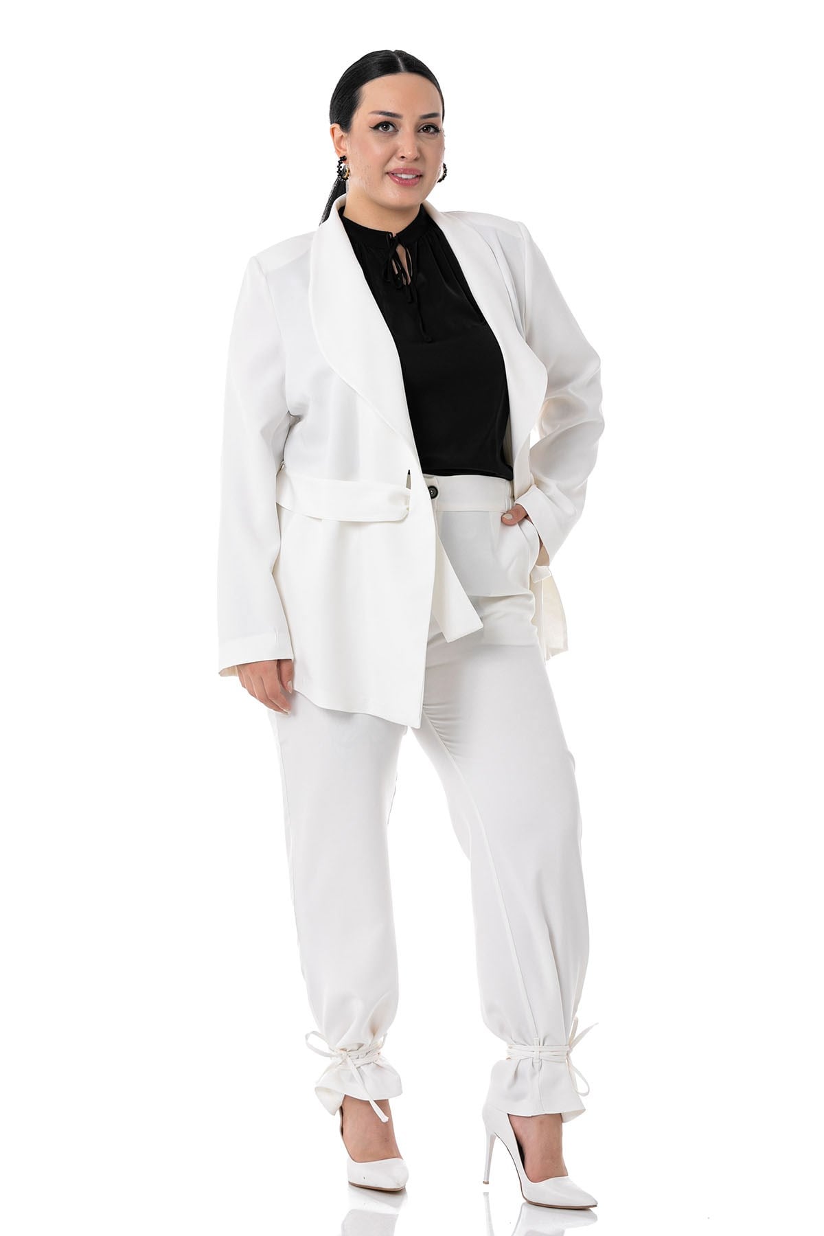 Plus Size Jacket Trousers White Suit with Tie Detail