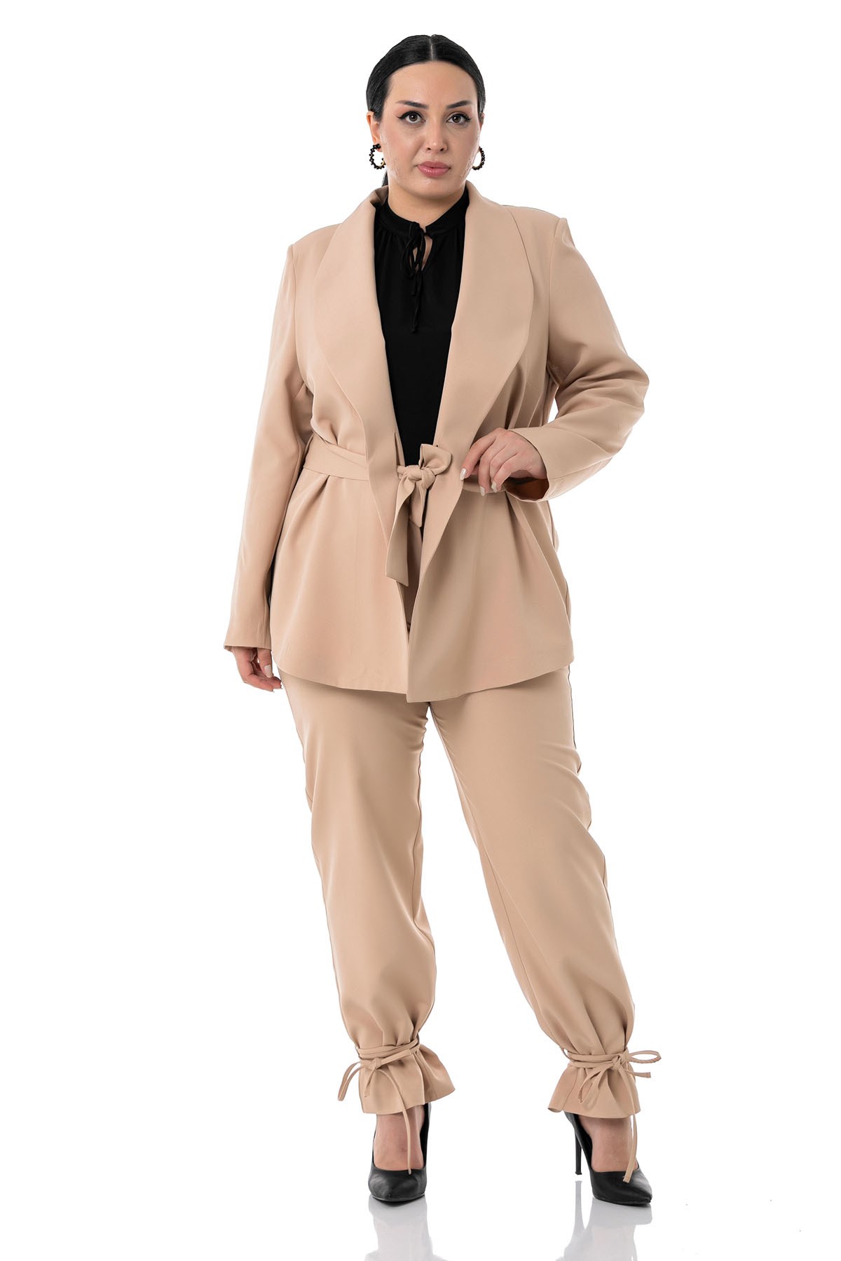 Plus Size Jacket Trousers Beige Suit with Tie Detail