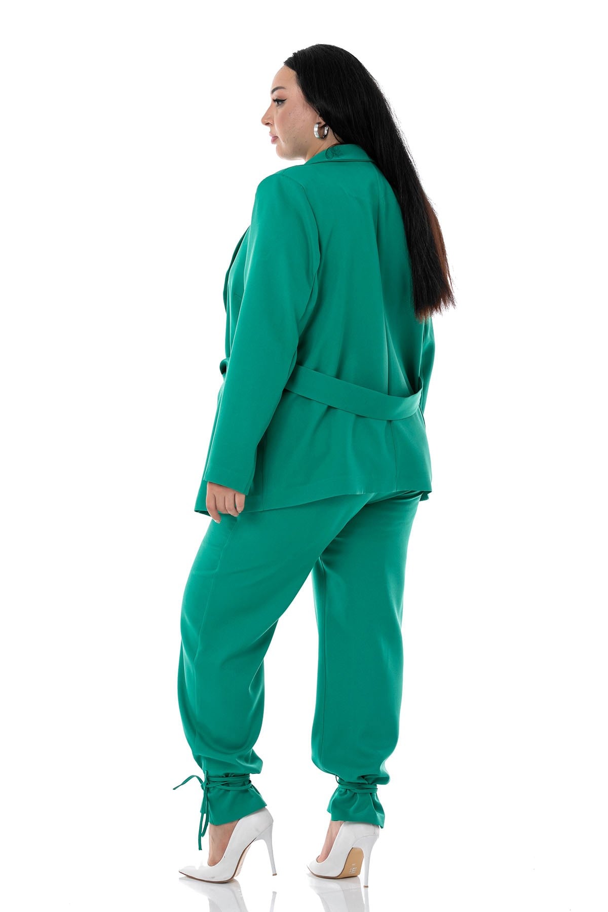 Plus Size Jacket Trousers Green Suit with Tie Detail