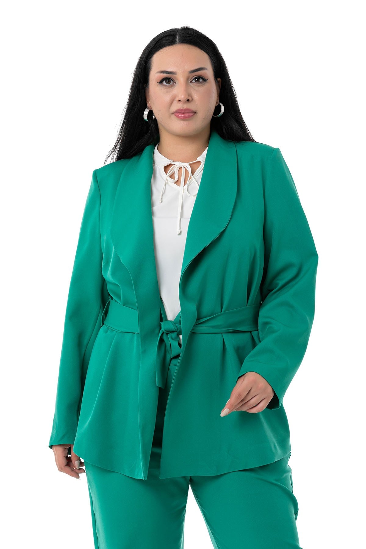 Plus Size Jacket Trousers Green Suit with Tie Detail